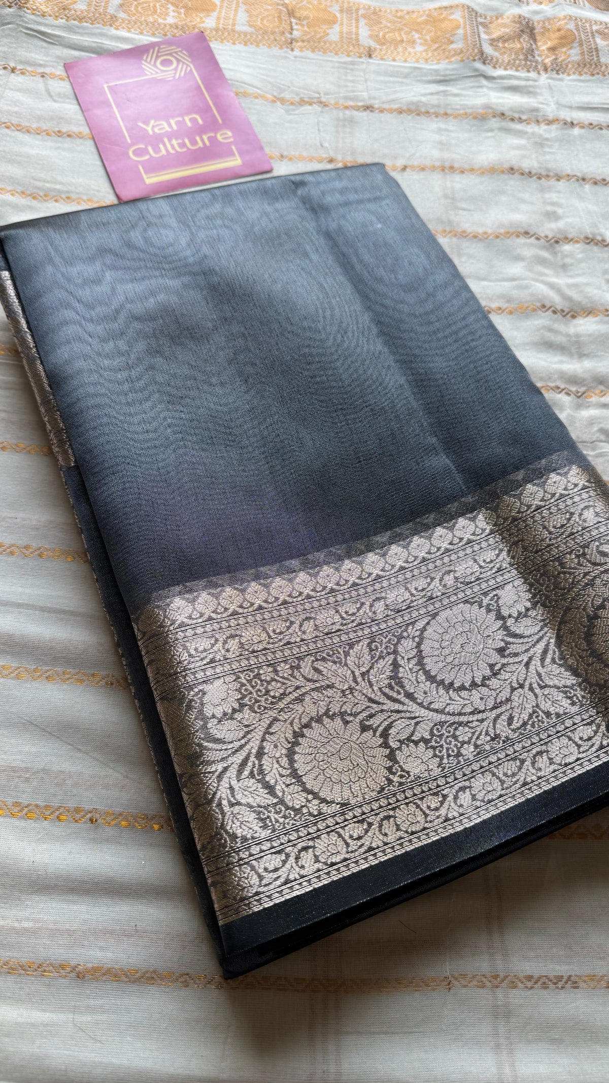 Grey tissue Banarasi saree with zari border - YCBLTOC91
