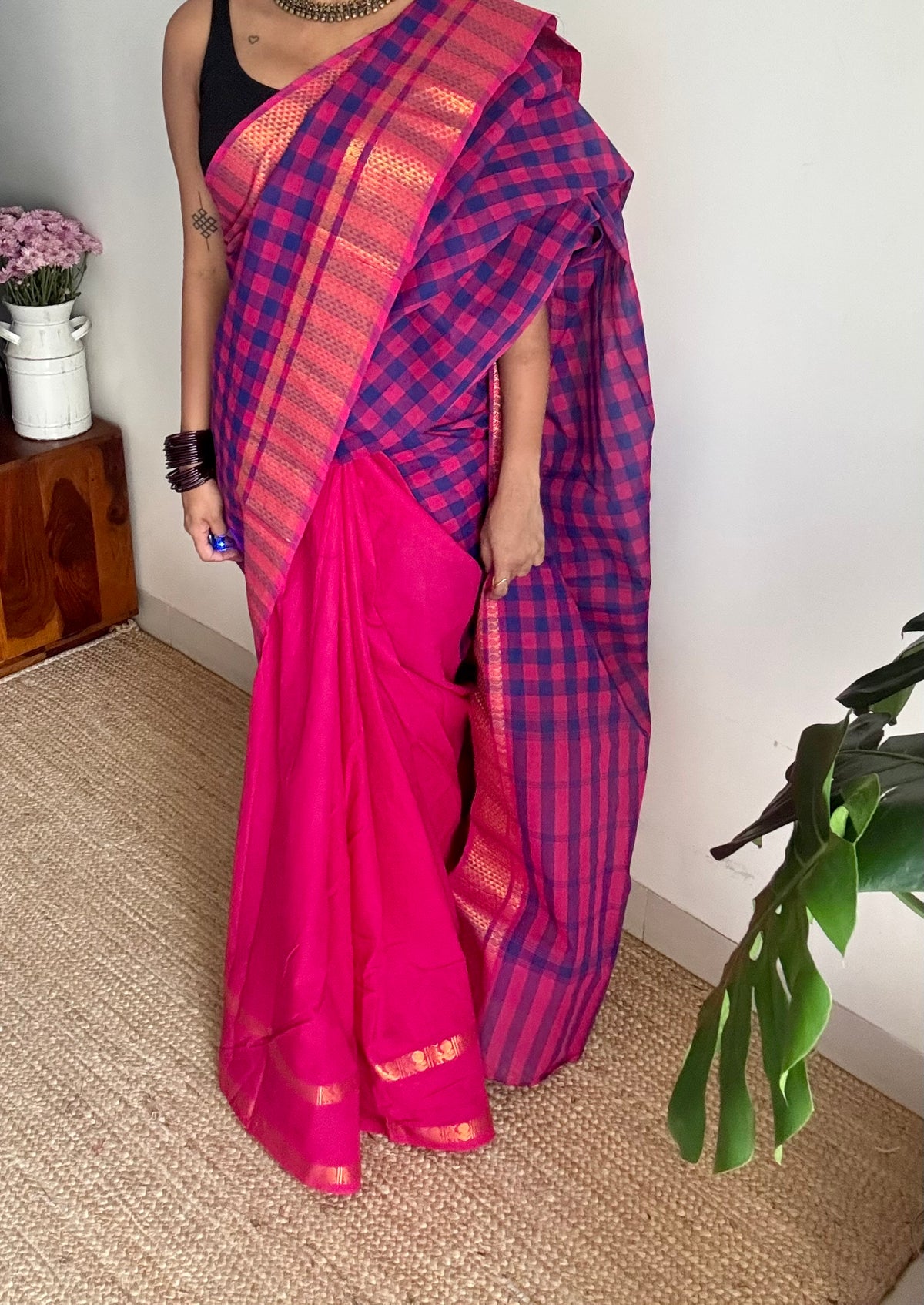 Multicoloured checks with hot pink, sungudi and chettinad cotton half and half saree - YCCOTNIDOC146