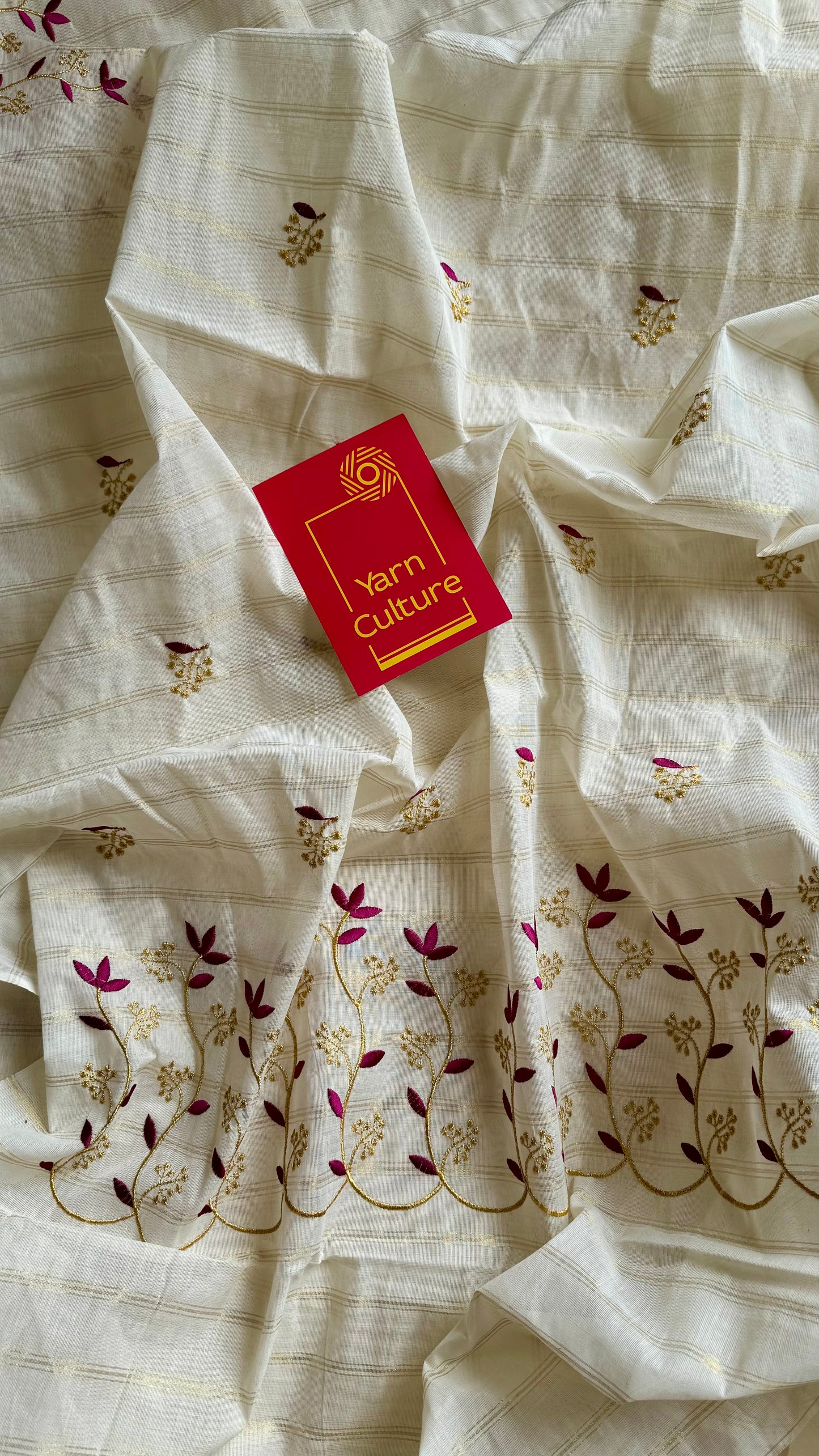Ivory and gold soft cotton saree, purple pink floral vine embroidery  - YCIEON56