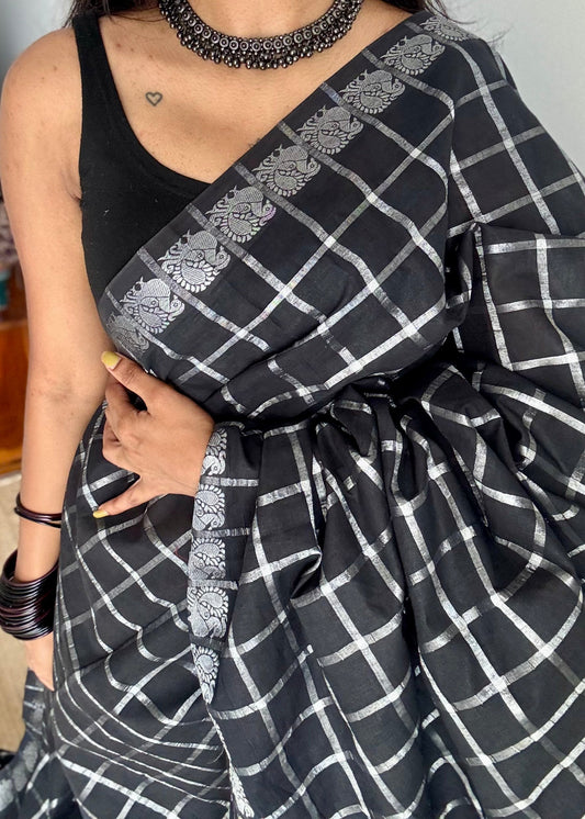 Black silver pavithra kattam sungudi, madurai cotton - YCCOTNSEMS13
