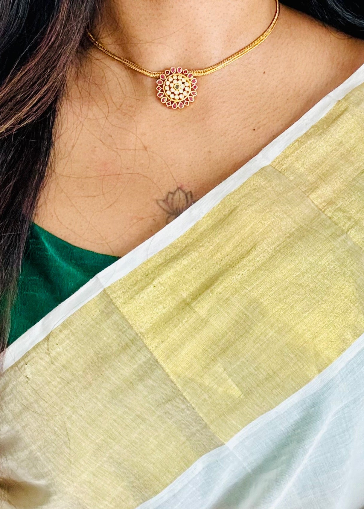 Attigai with ruby, green, white stone pendant, with earrings - YCGPNP741