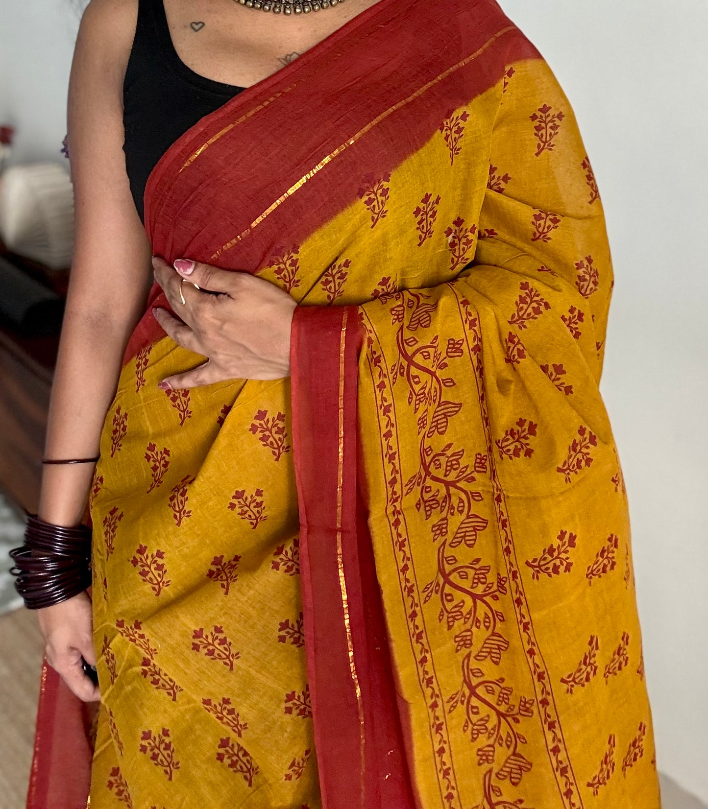 Mustard yellow with burnt red contrast, kattuchayam dyed madurai cotton saree - YCCOTNMA247