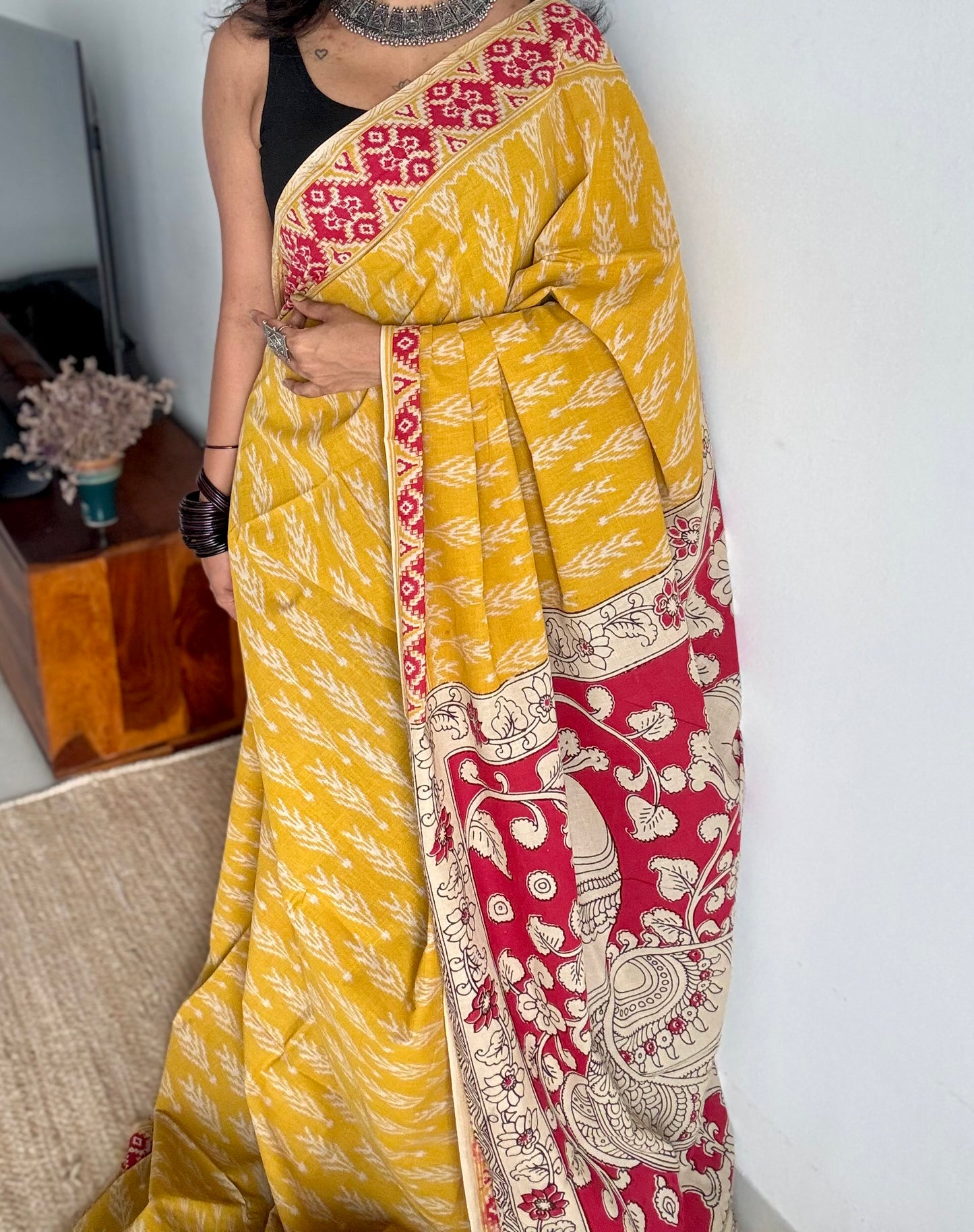 Yellow with red kalamkari, ikat motifs, soft cotton - YCWOTDOCMP82