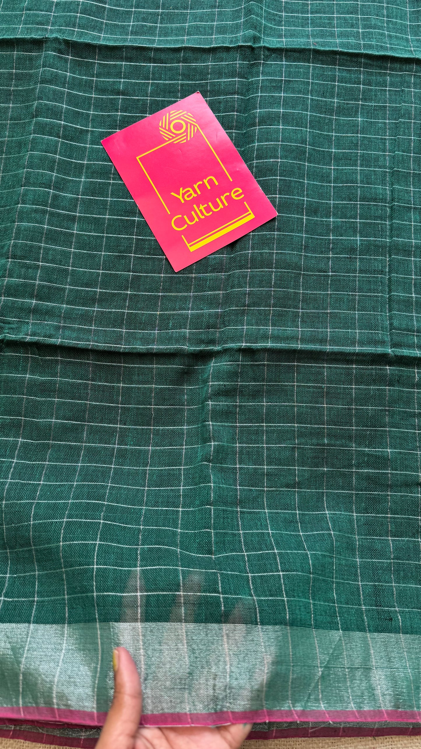 Green linen by cotton saree, silver checks & zari pallu - YCBCLCFE390
