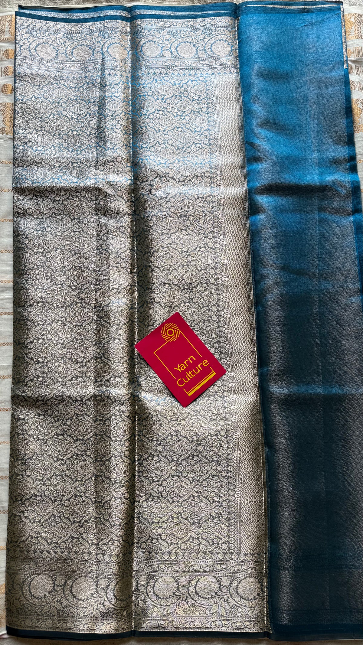 Peacock blue tissue Banarasi saree with zari border - YCBLTOC86
