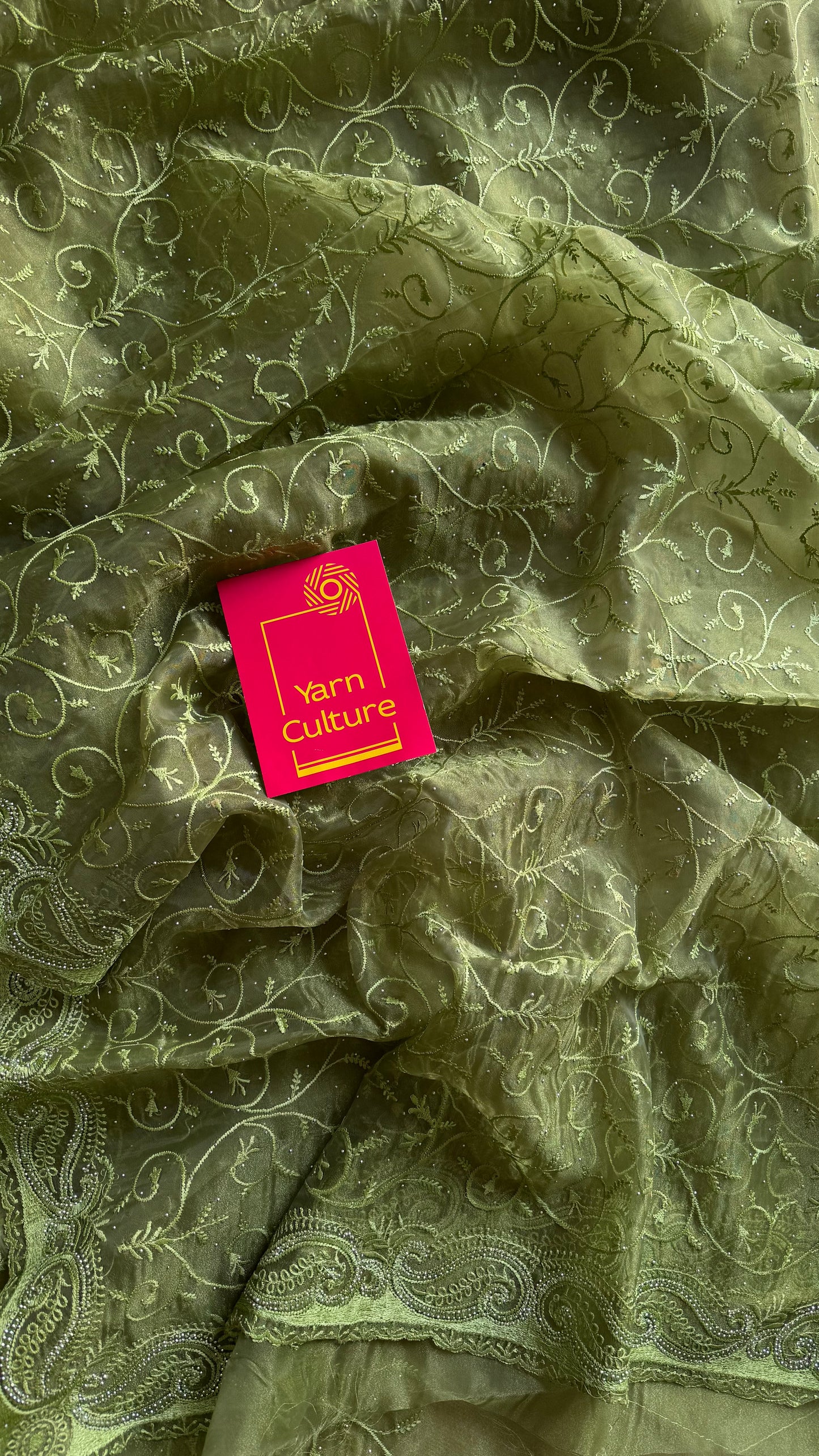 Olive Confetti - green organza, with theadwork and sequins - YCDOSNO32