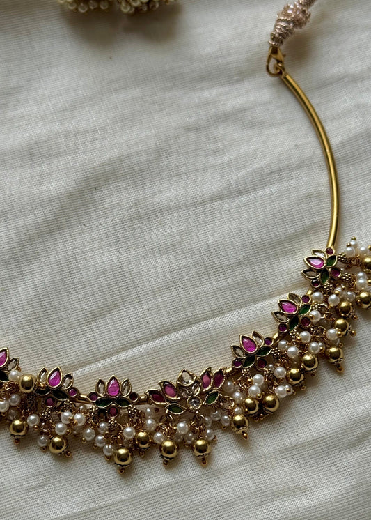 Antique gold lotus hasli, with earrings - YCAGNP266