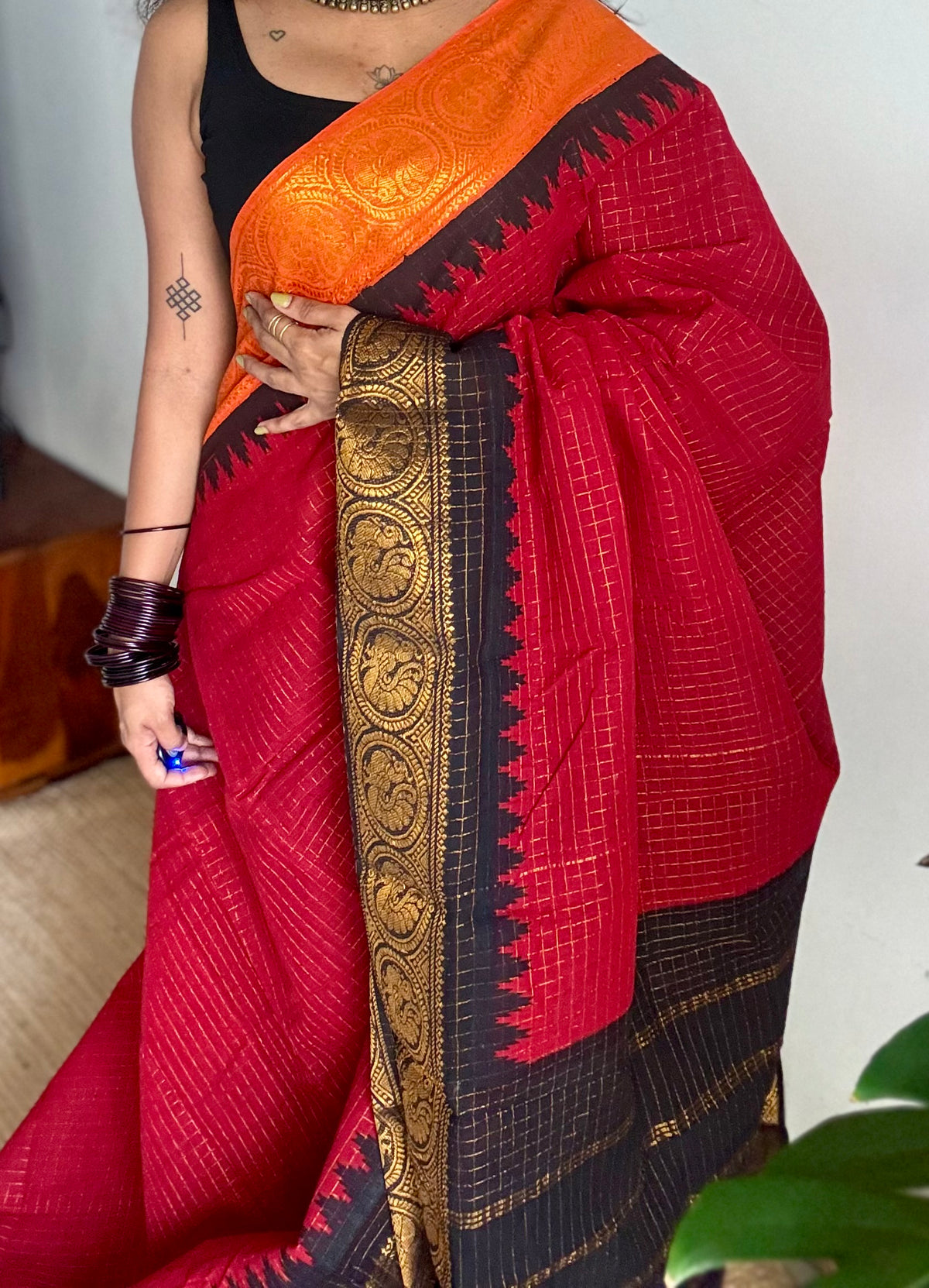 Sungudi cotton checks, red base, orange and black dual tone border, soft cotton - YCCOTNMSSE12