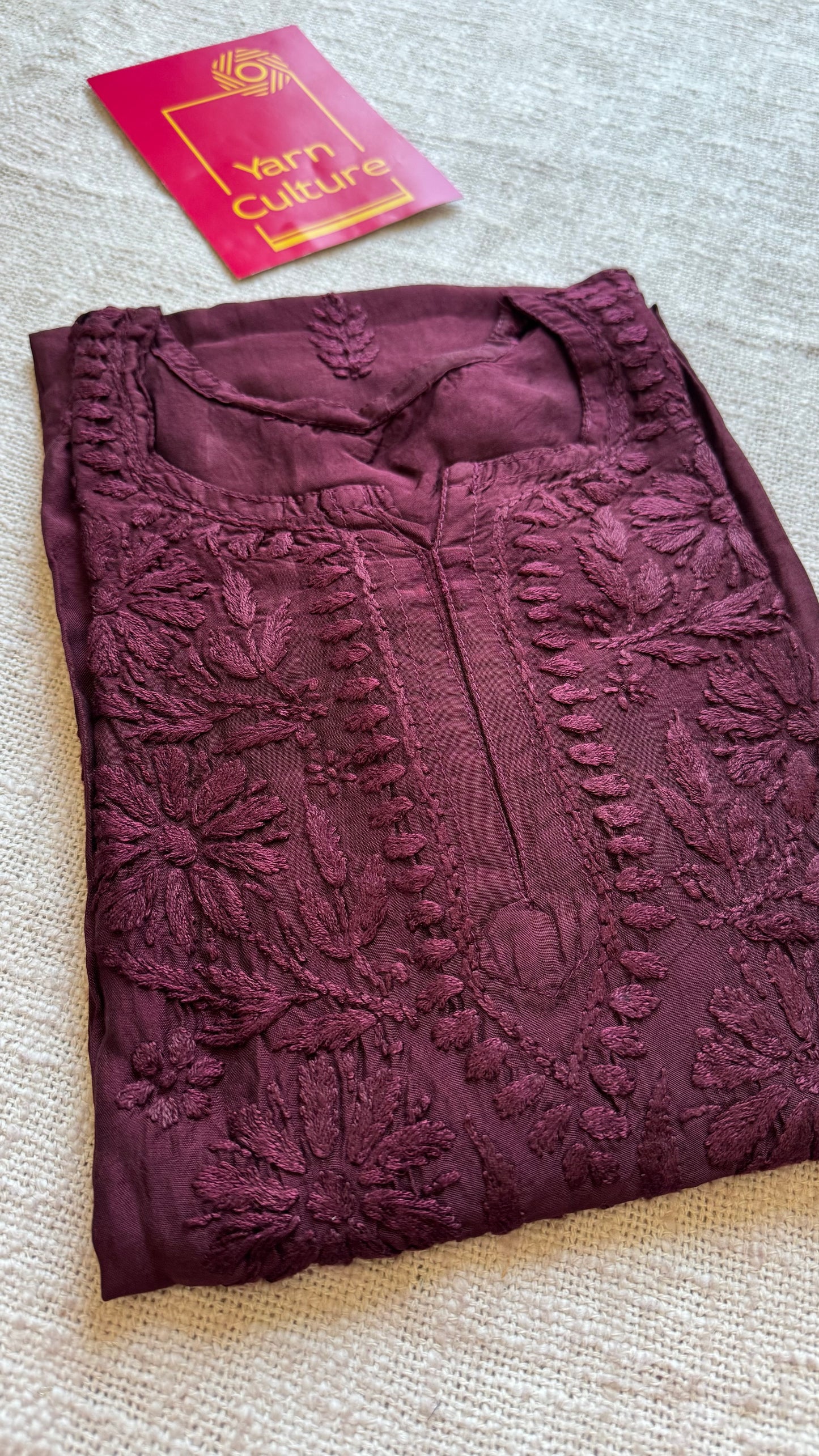 Wine muslin chikankari with ghas patti work, stitched kurta, round neck, three fourth sleeves - YCSECK41