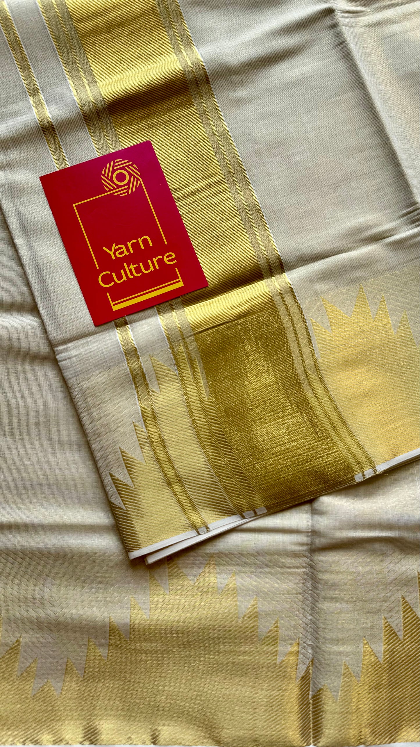 Ivory and gold soft tissue cotton saree, temple motif border - YCIEON81