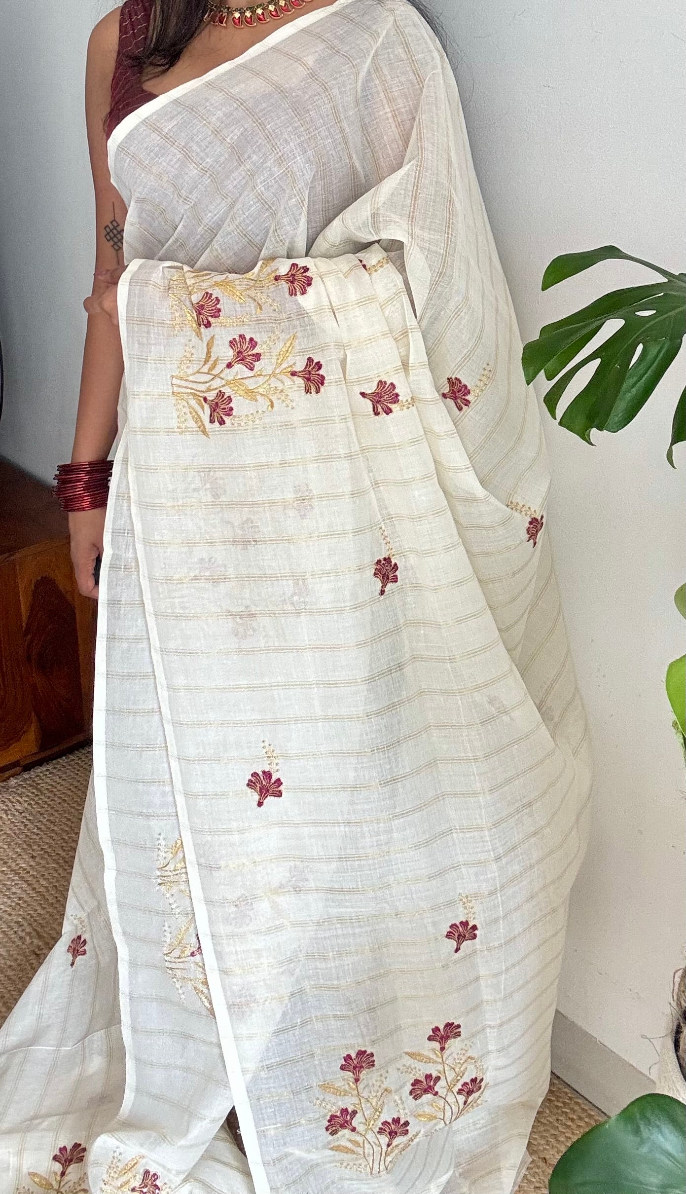 Ivory and gold soft cotton saree, maroon floral embroidery  - YCIEON50