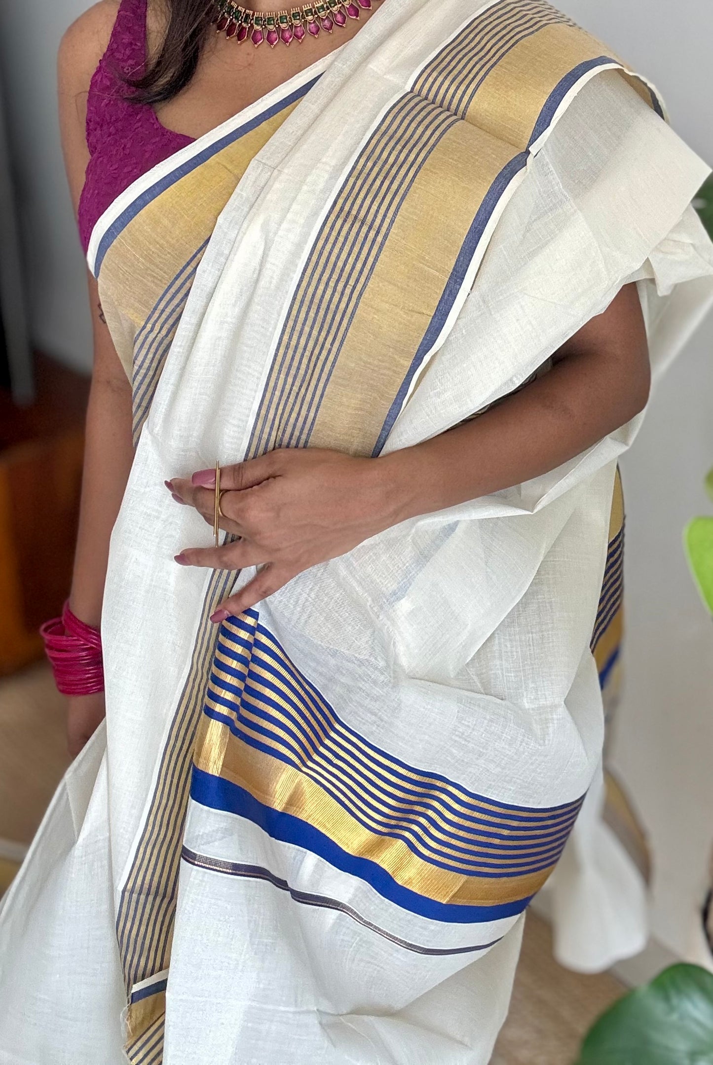 Ivory and gold soft cotton saree, royal blue border - YCIEON77