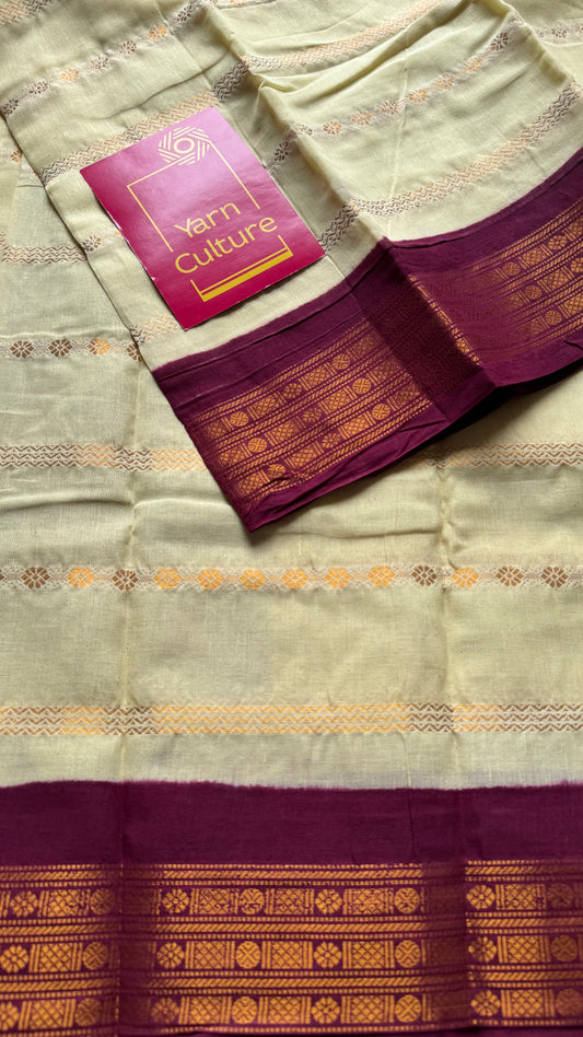 Custard yellow with maroon, motif striped sungudi, soft cotton - YCCOTNSSP02