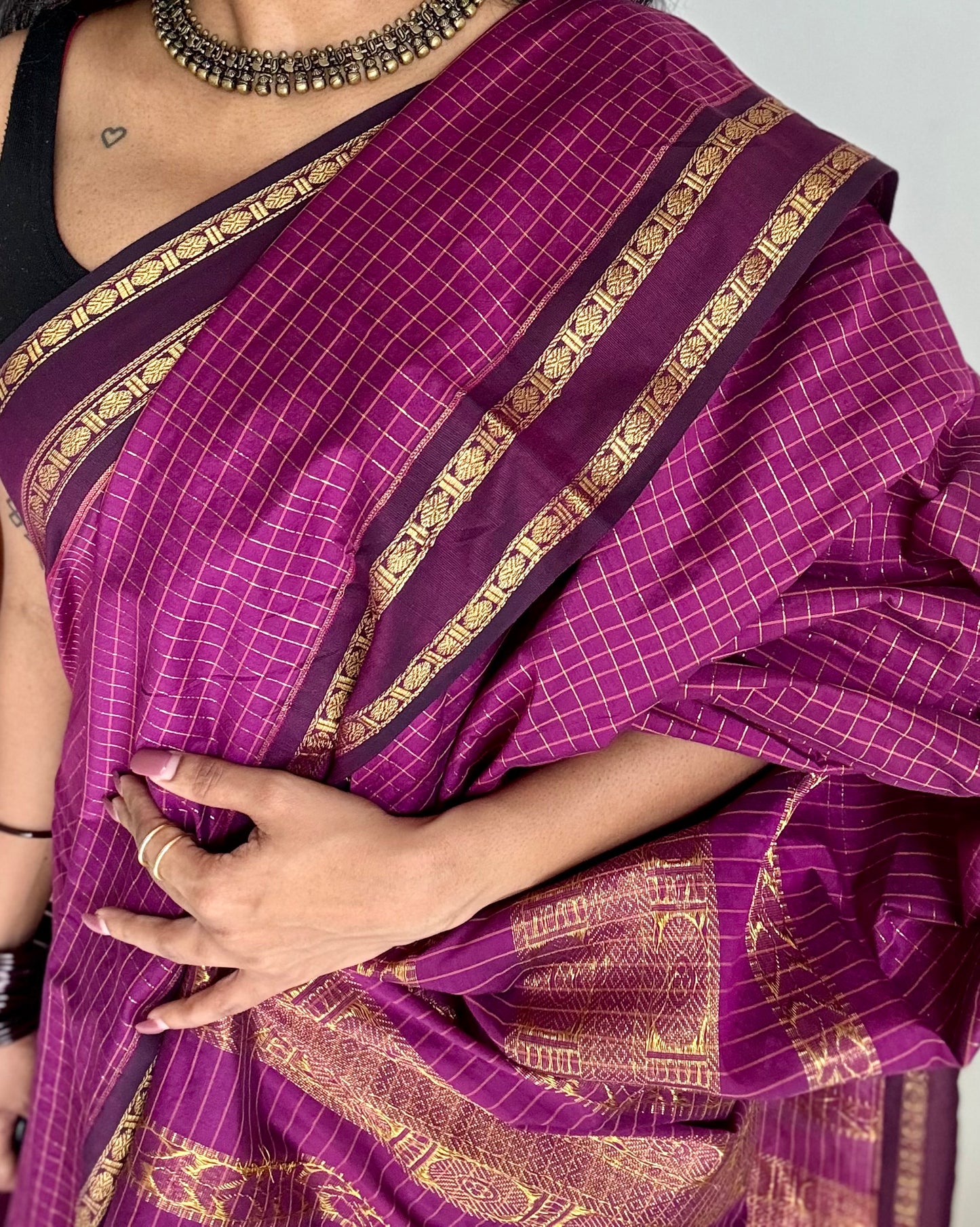 Grape wine, arani zari checks saree, cotton silk - YCCOTNAUG15
