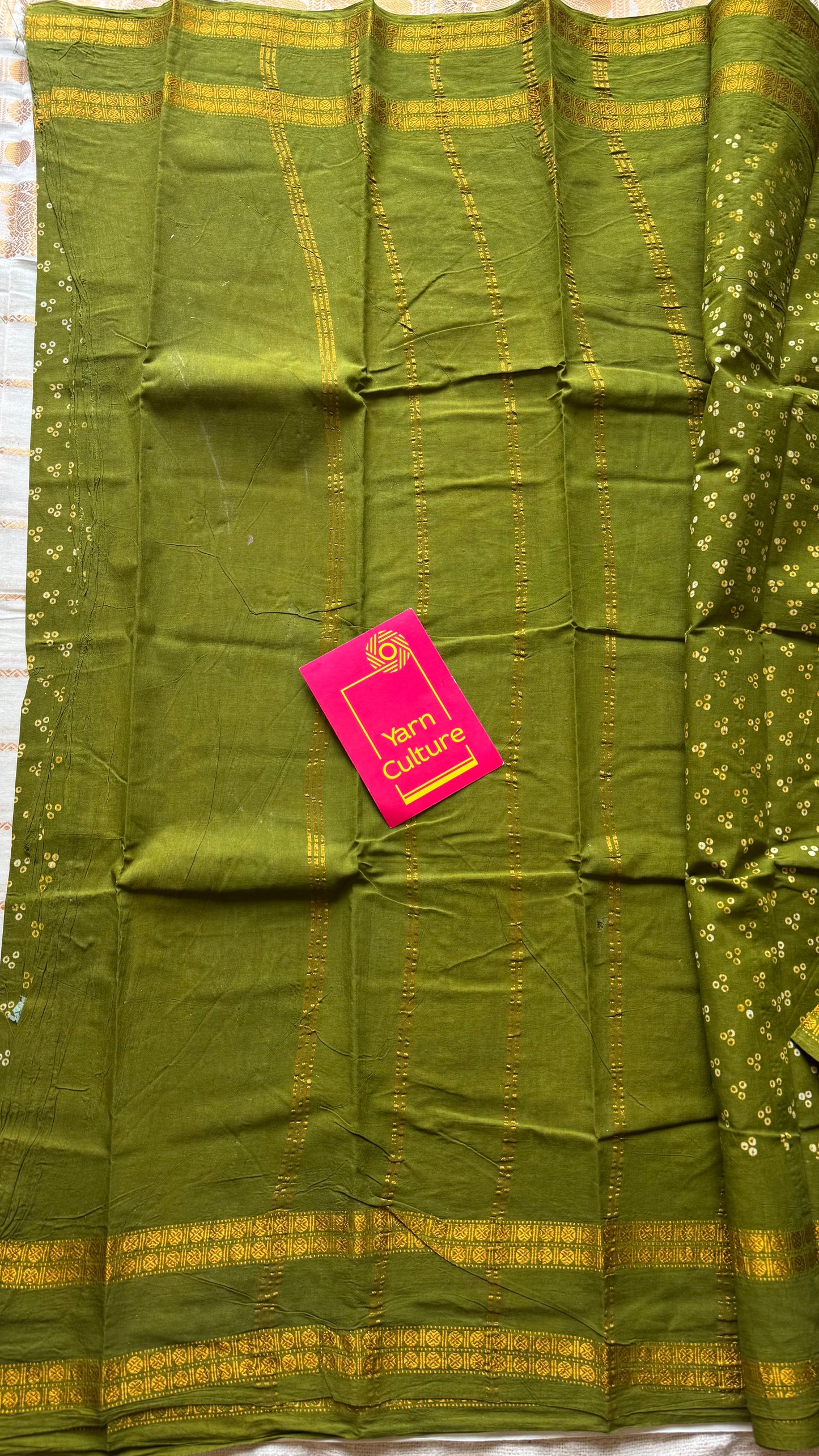 Green, wax dot printed sungudi, kattuchayam dyed madurai cotton - YCCOTNMSAP149