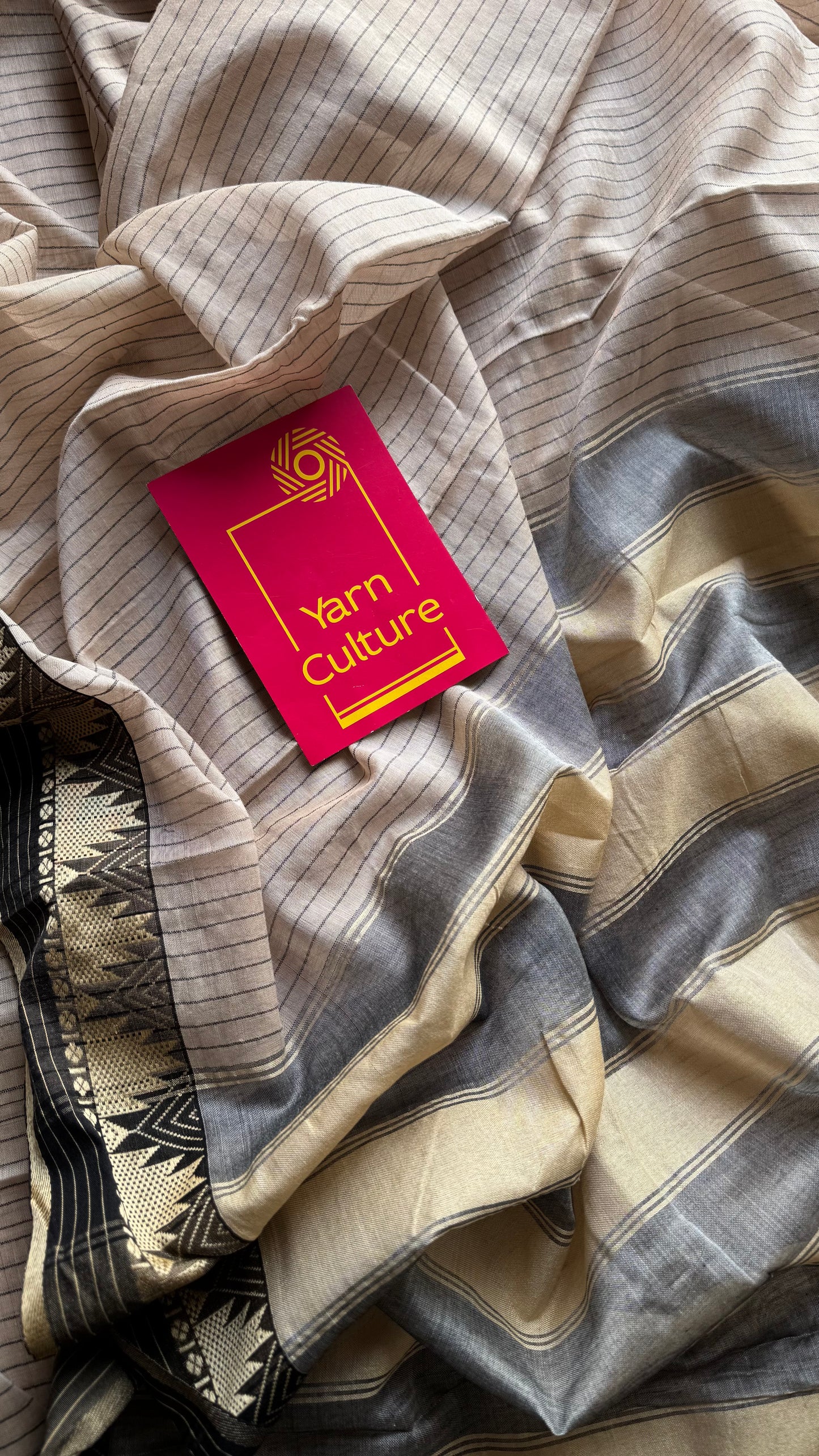 Cream striped premium narayanpet soft cotton, with temple motif and checkered border - YCWOTDNPNO83