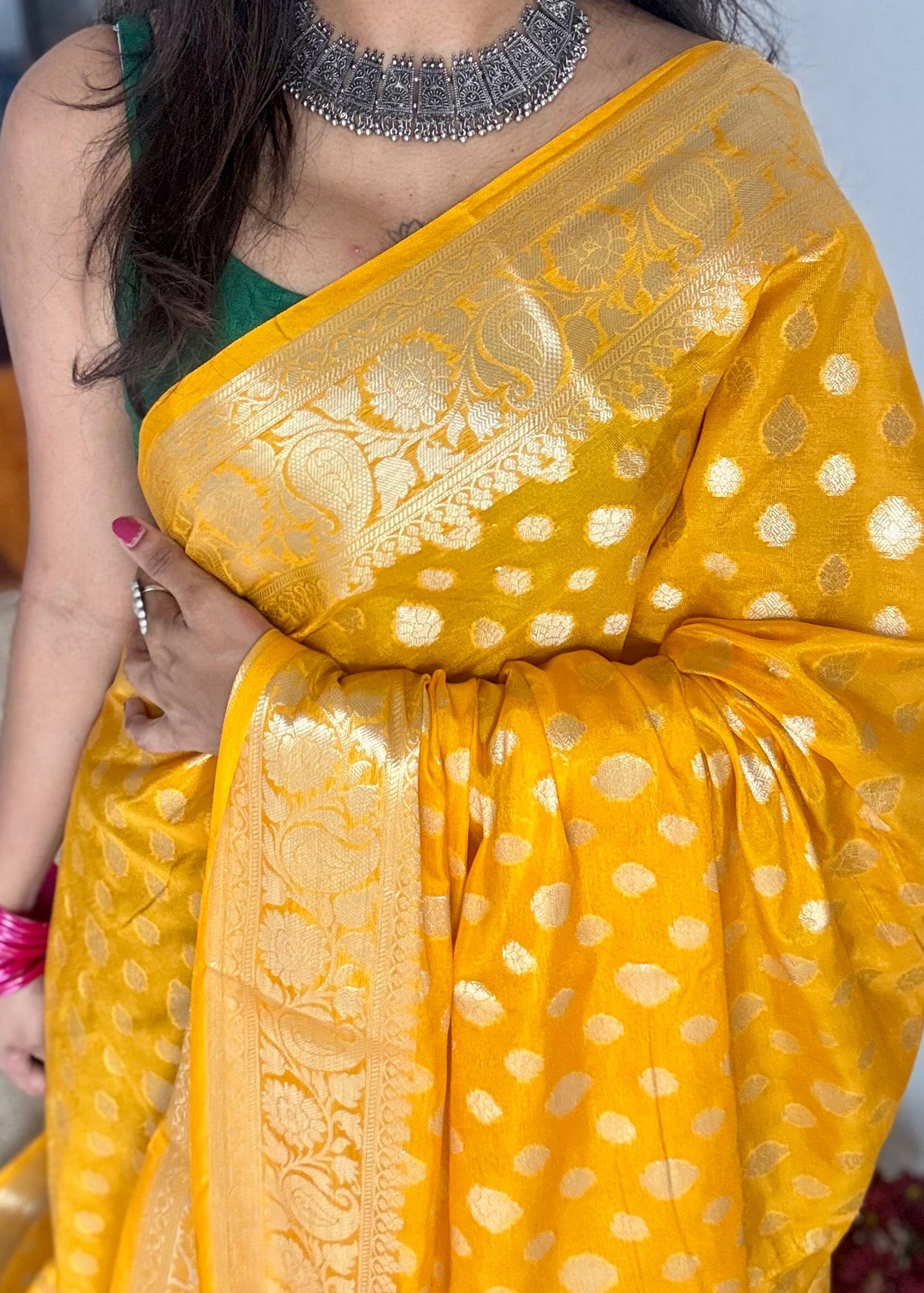 Orangish dark yellow, silver buttas and zari, Banarasi semi-silk - YCDESE35
