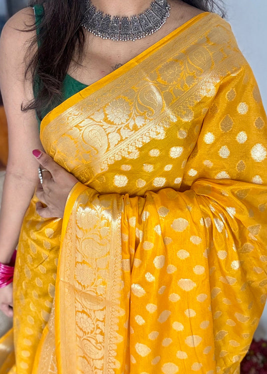 Orangish dark yellow, silver buttas and zari, Banarasi semi-silk - YCDESE35