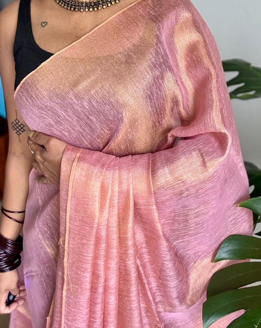 Baby pink with gold, dual tone metallic tissue linen saree - YCBCLTOC53