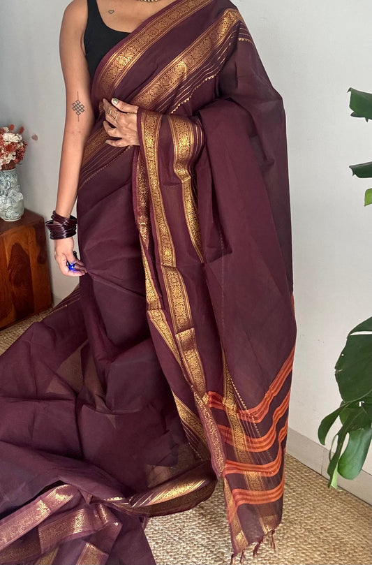 Purple brown with gap zari border, kanchi cotton saree - YCCOTNCCOC121