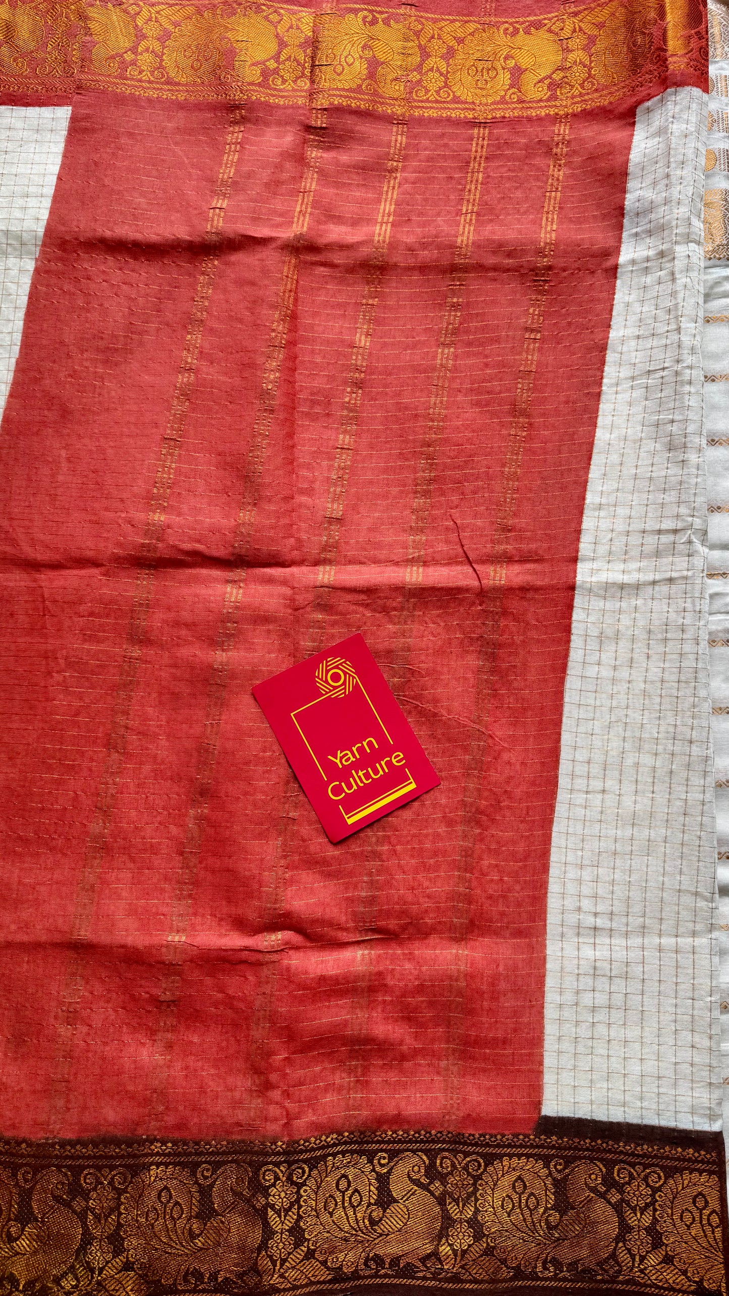 Namita : Kanakambaram - Sungudi checks, ivory gold base, brown and orange dual tone border, soft cotton - YCIEON160