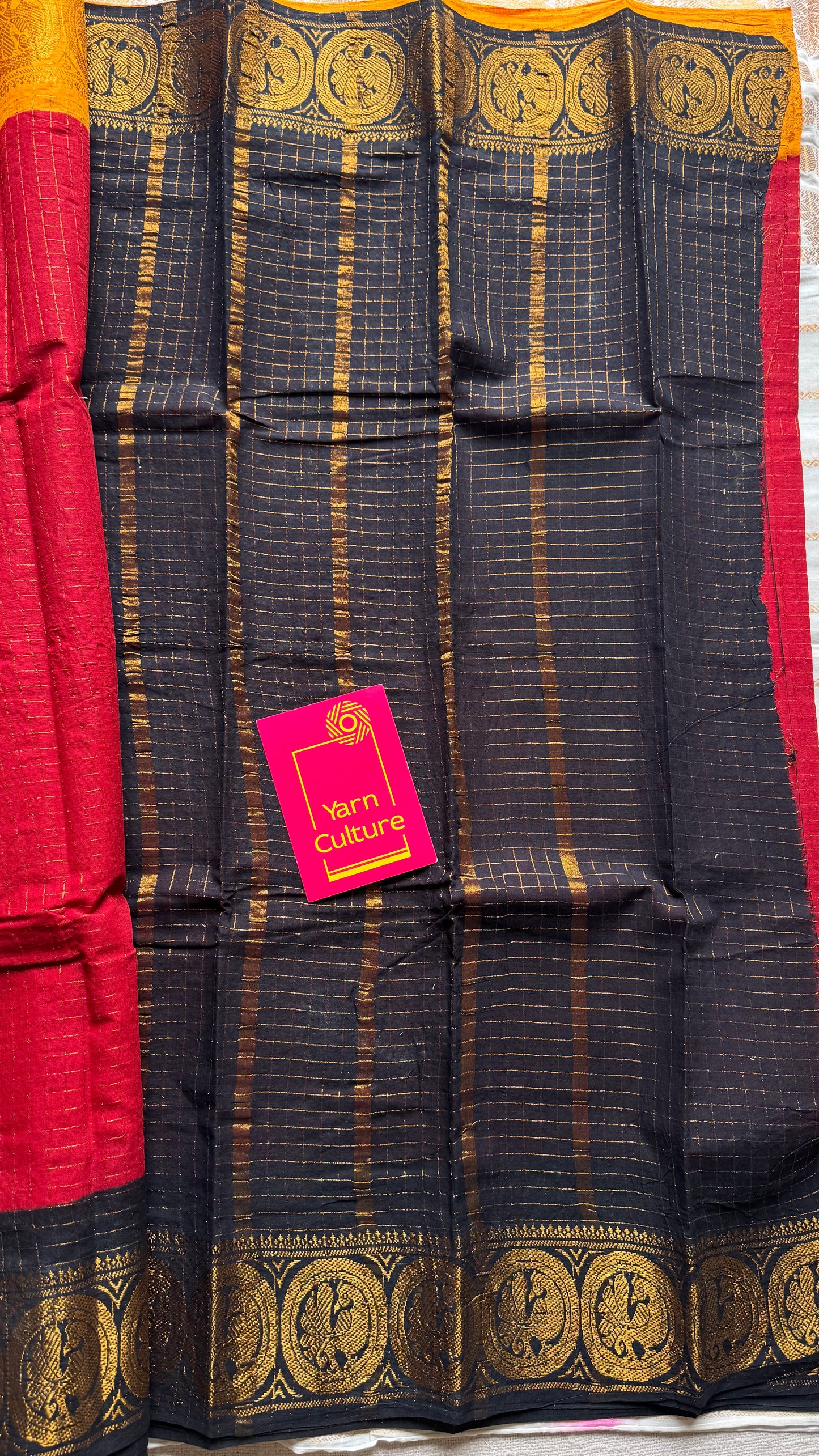 Sungudi cotton checks, red base, yellow and black dual tone border, soft cotton - YCCOTNMSJUL10