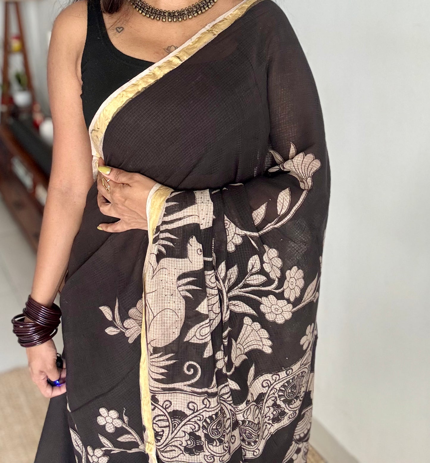 Black floral kalamkari saree in kota - YCWOTDMA356
