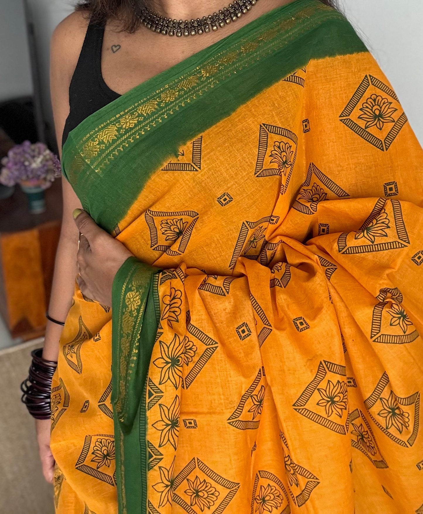 Yellow with green, motif printed, kattuchayam dyed madurai sungudi cotton saree - YCCOTNMSFE72