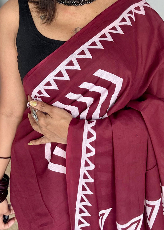 Maroon with white geometric prints, soft cotton - YCTORCMA01