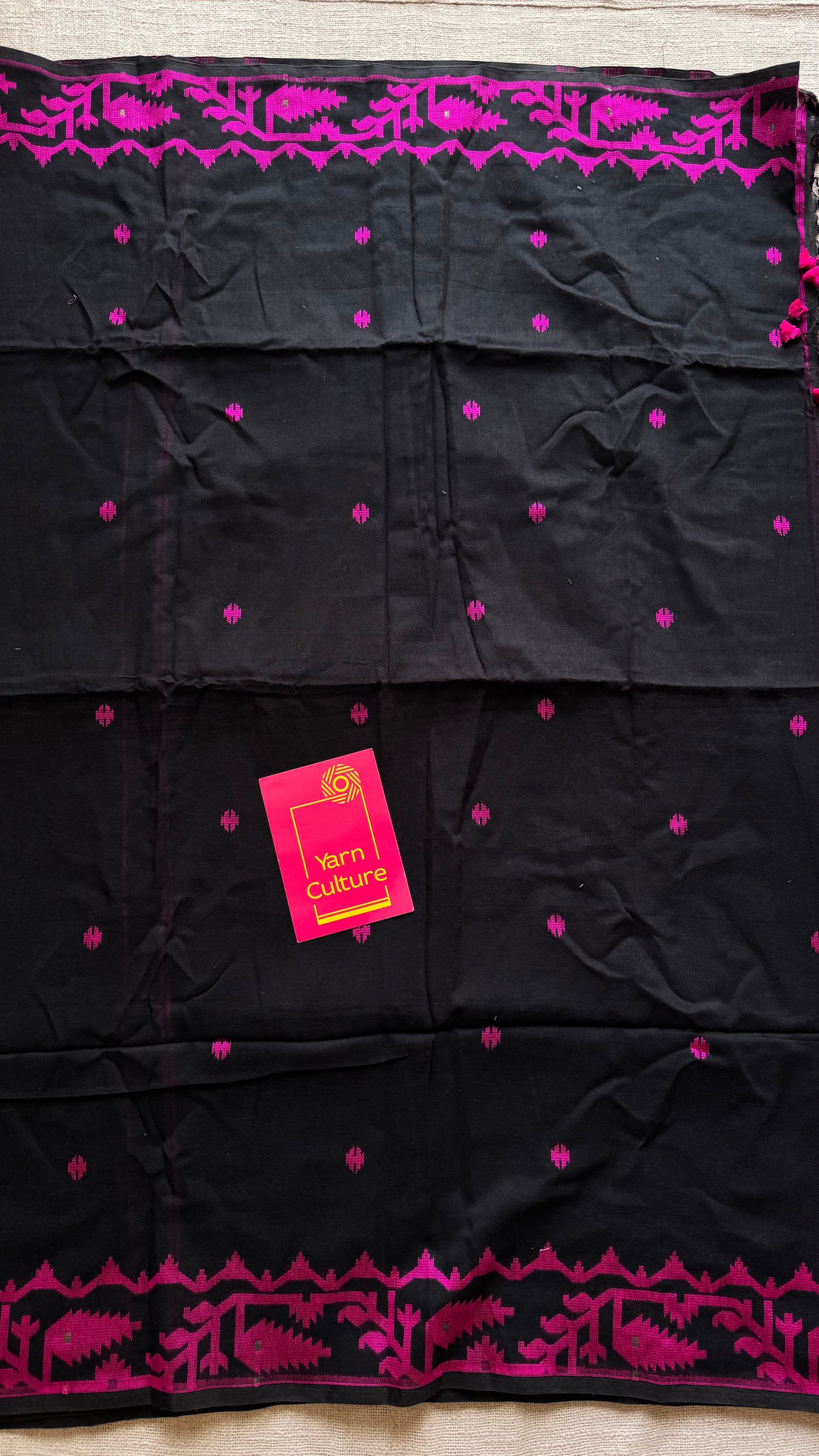 Black with magenta contrast jamdani saree in soft handloom cotton - YCBCJDFE380
