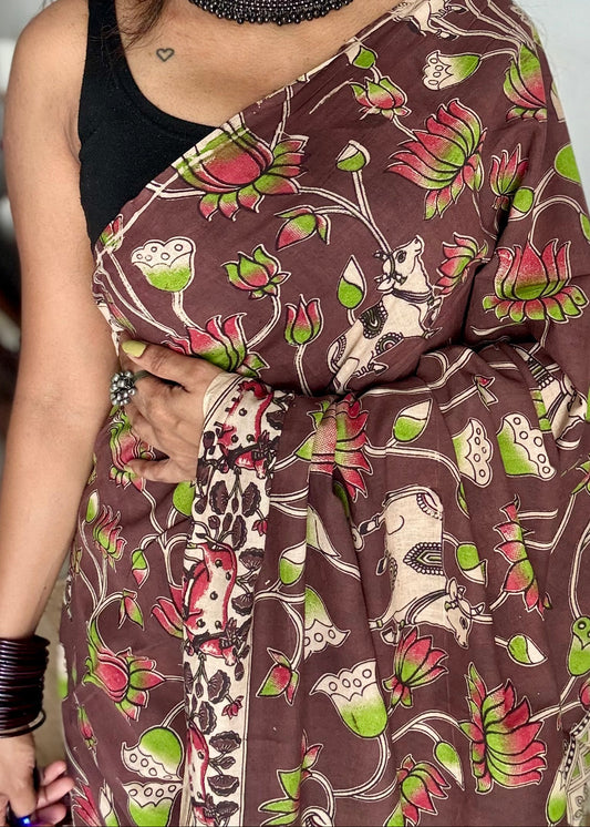 Brown kalamkari saree, multicoloured floral vines, soft cotton - YCWOTDMA344