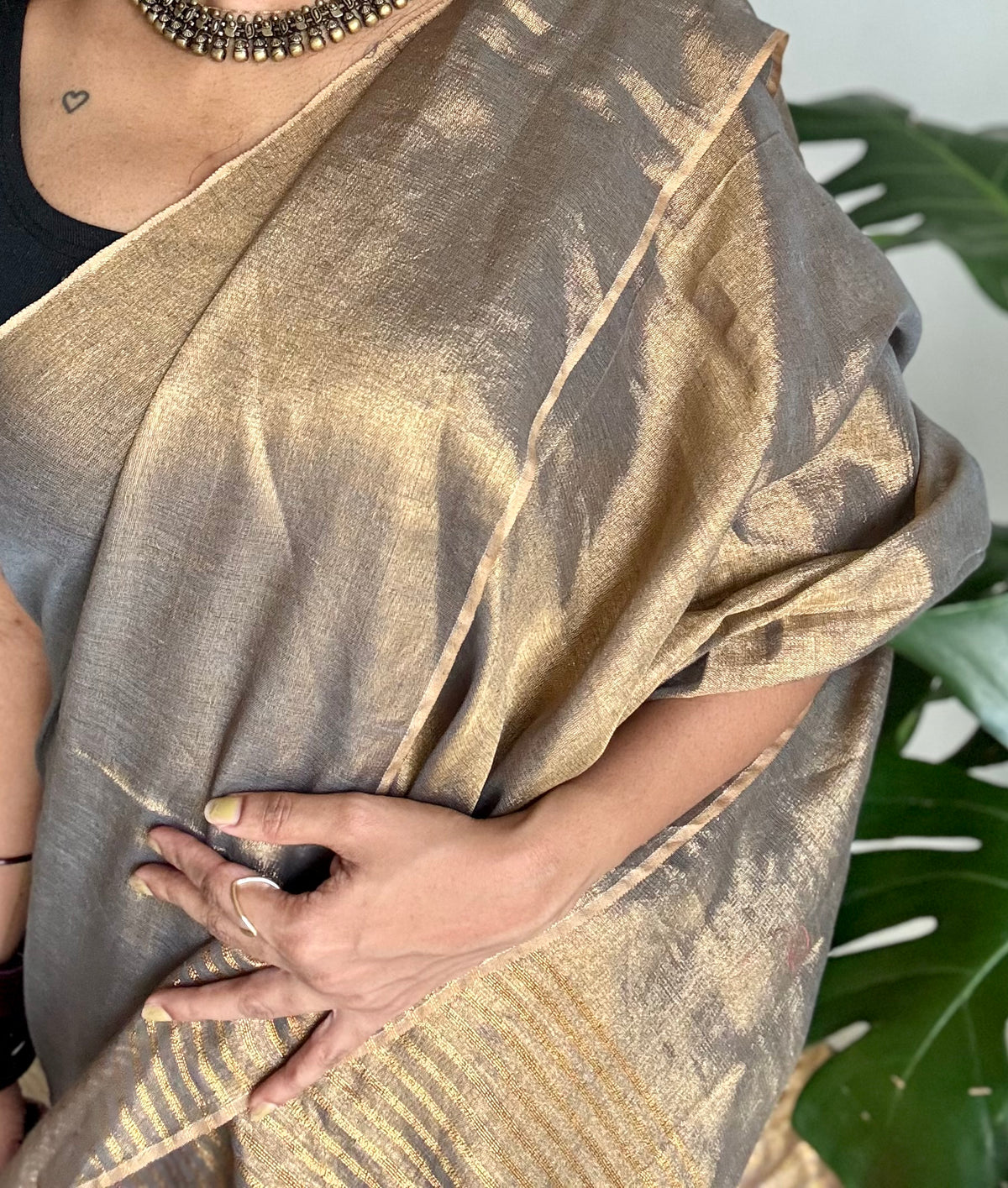 Bronze with gold, dual tone metallic tissue linen saree - YCBCLTOC61