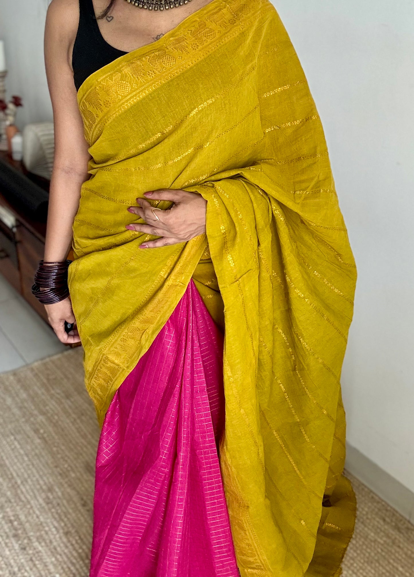 Lime green with hot pink, sungudi cotton half-half saree - YCCOTNIDMA291
