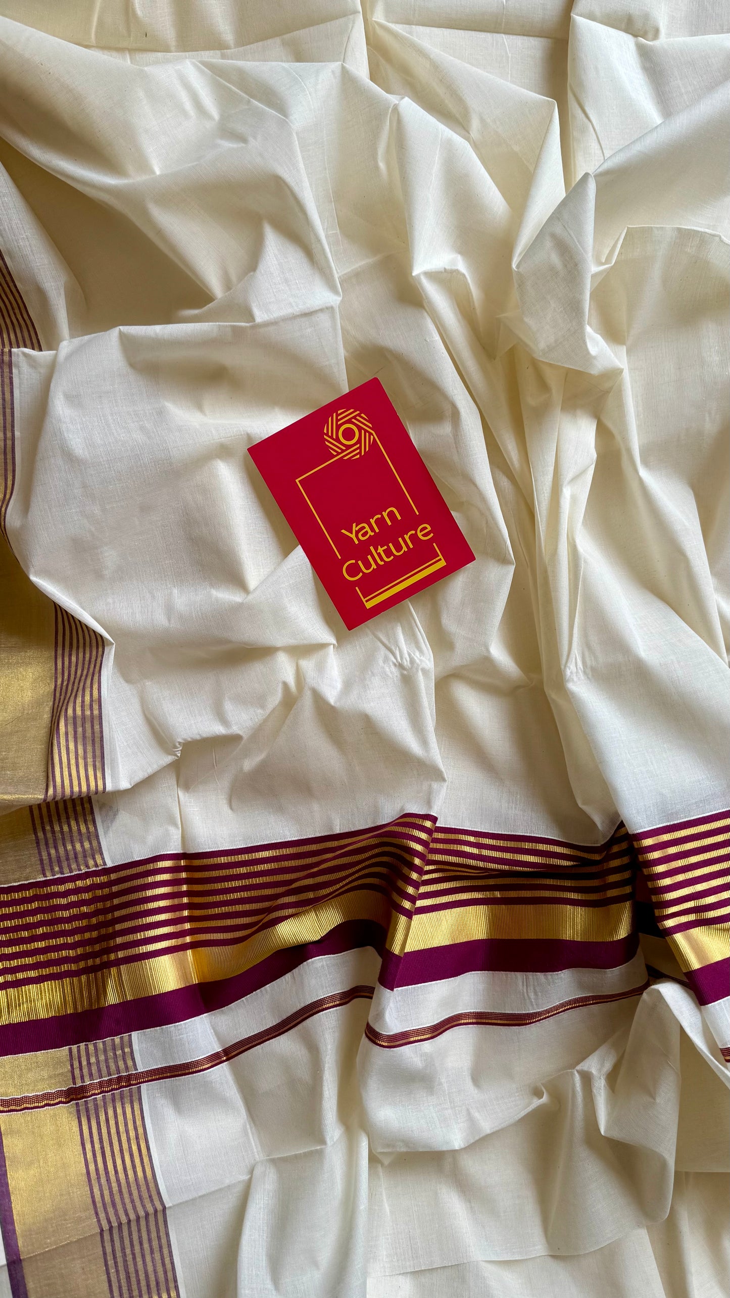 Ivory and gold soft cotton saree, purple border - YCIEON76