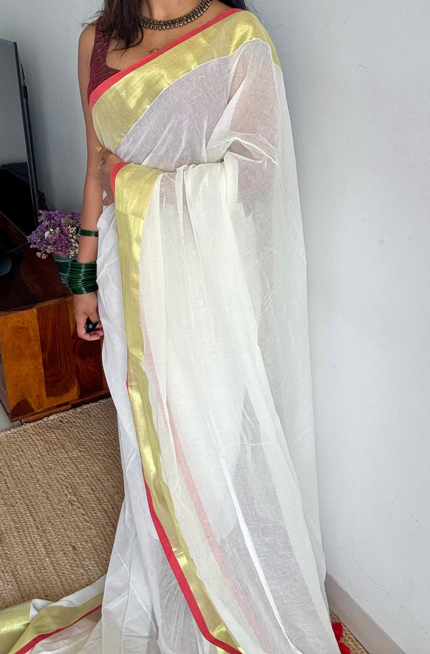 Ivory mul saree with red gold zari border  - YCBCMCFE291