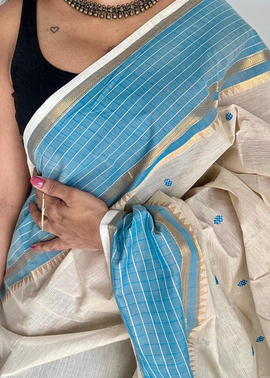 Ivory and blue contrast, Chettinad cotton saree with checkered border - YCCOTNMA272