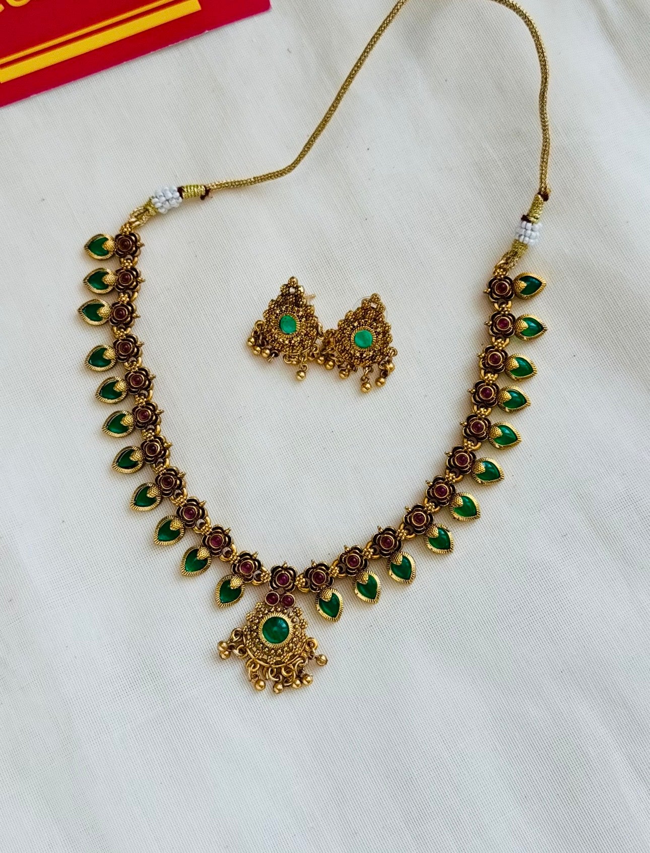 Ruby green palakka necklace with earrings, variant 2 - YCGPNP769