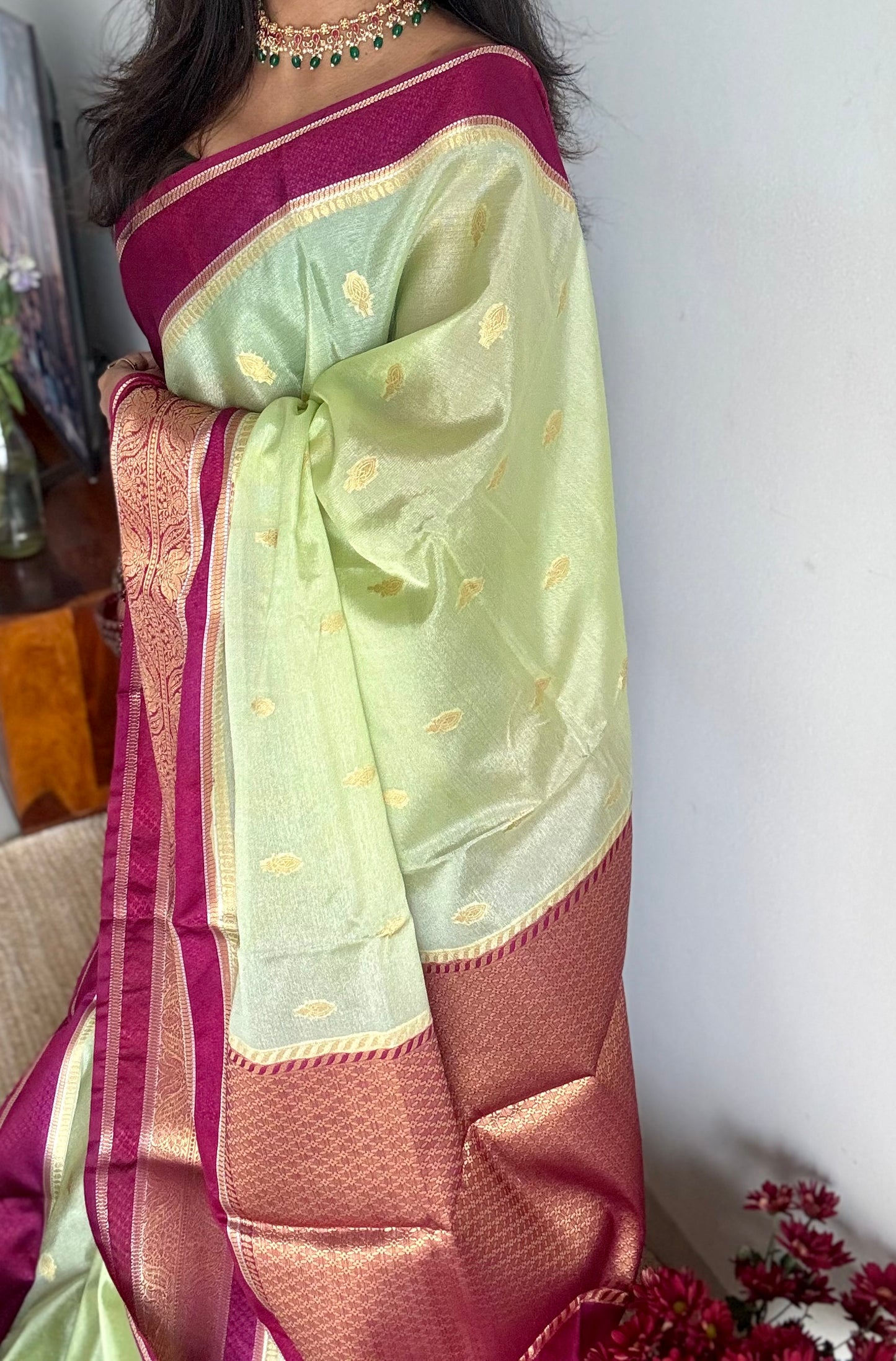 Pista green with maroon border, Banarasi semi-silk - YCDESE05