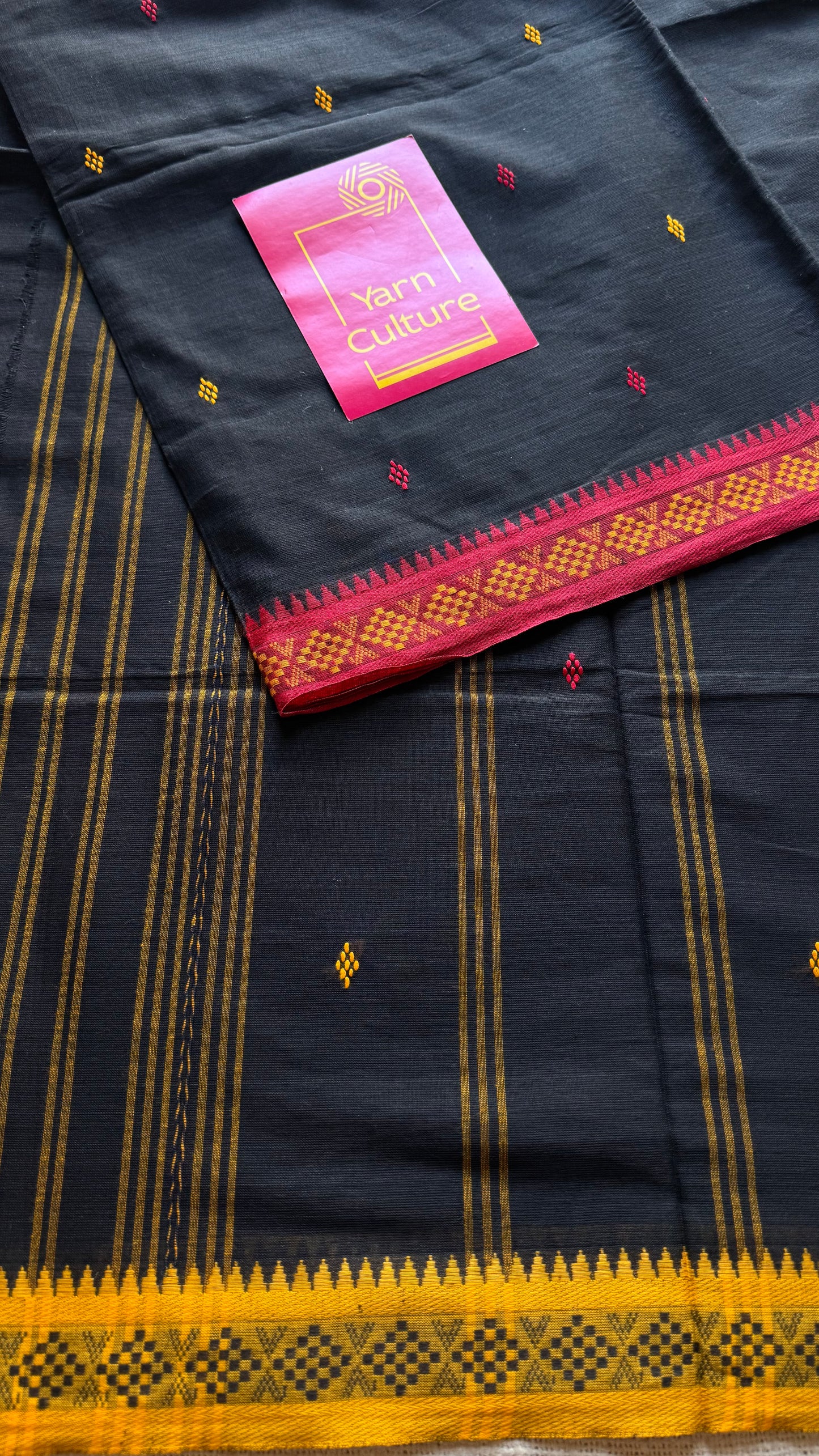 Dhonekhali handloom soft cotton saree, black with red and yellow woven buttas and border - YCBCDFE259