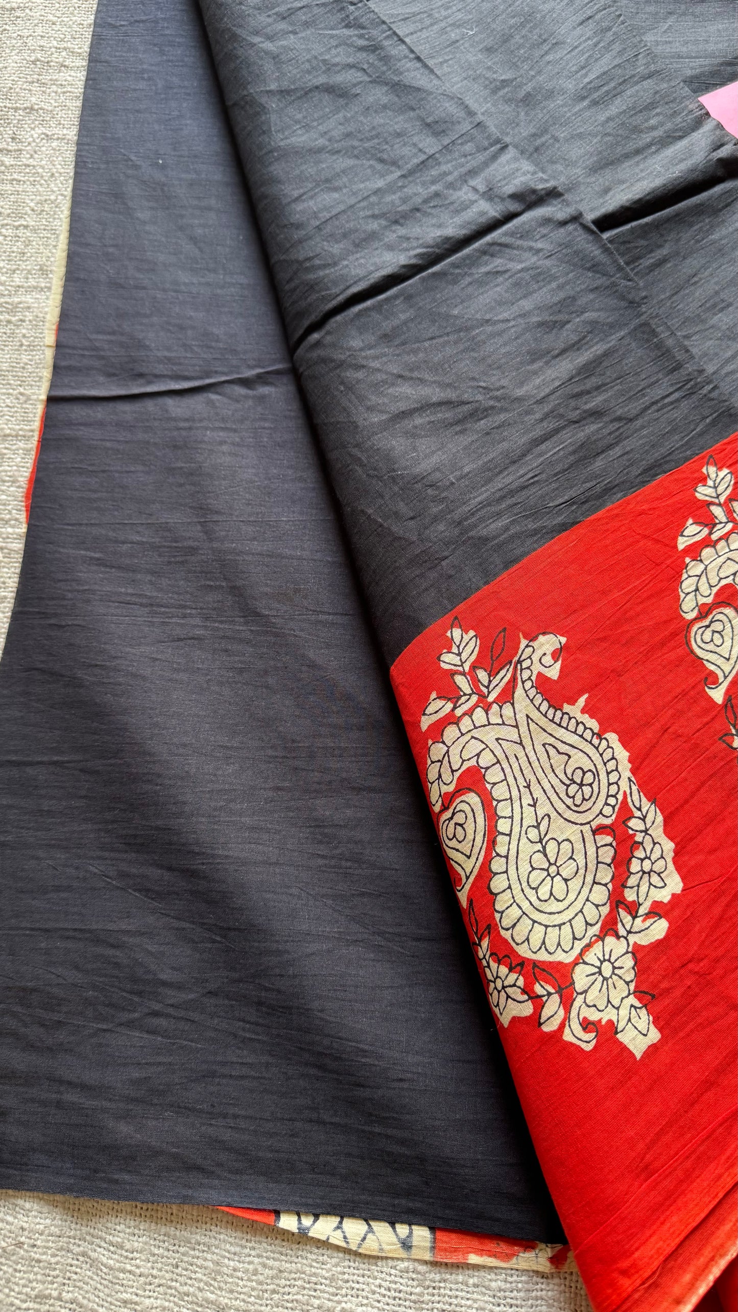Black with red floral one sided border, soft cotton saree - YCTORCMA05