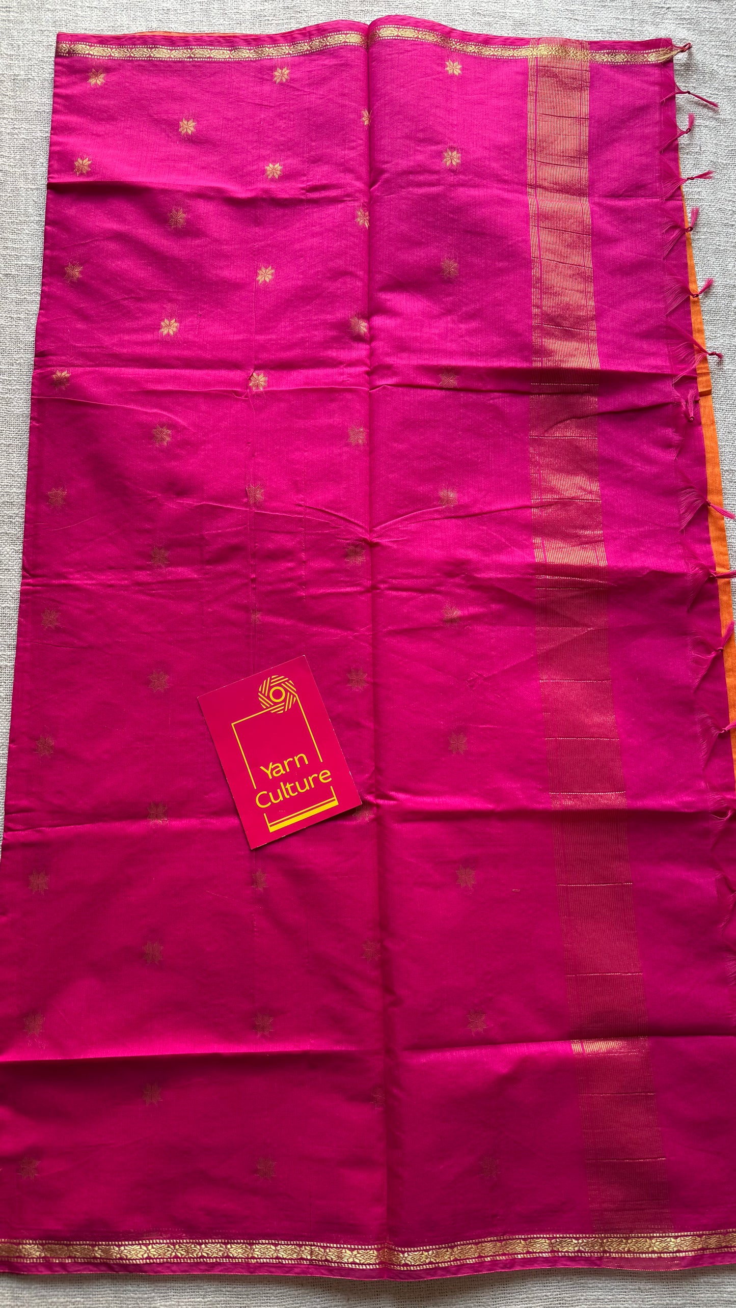 Orange with rani pink, gold buttas, semi maheshwari cotton silk - YCCOTNCSDE88