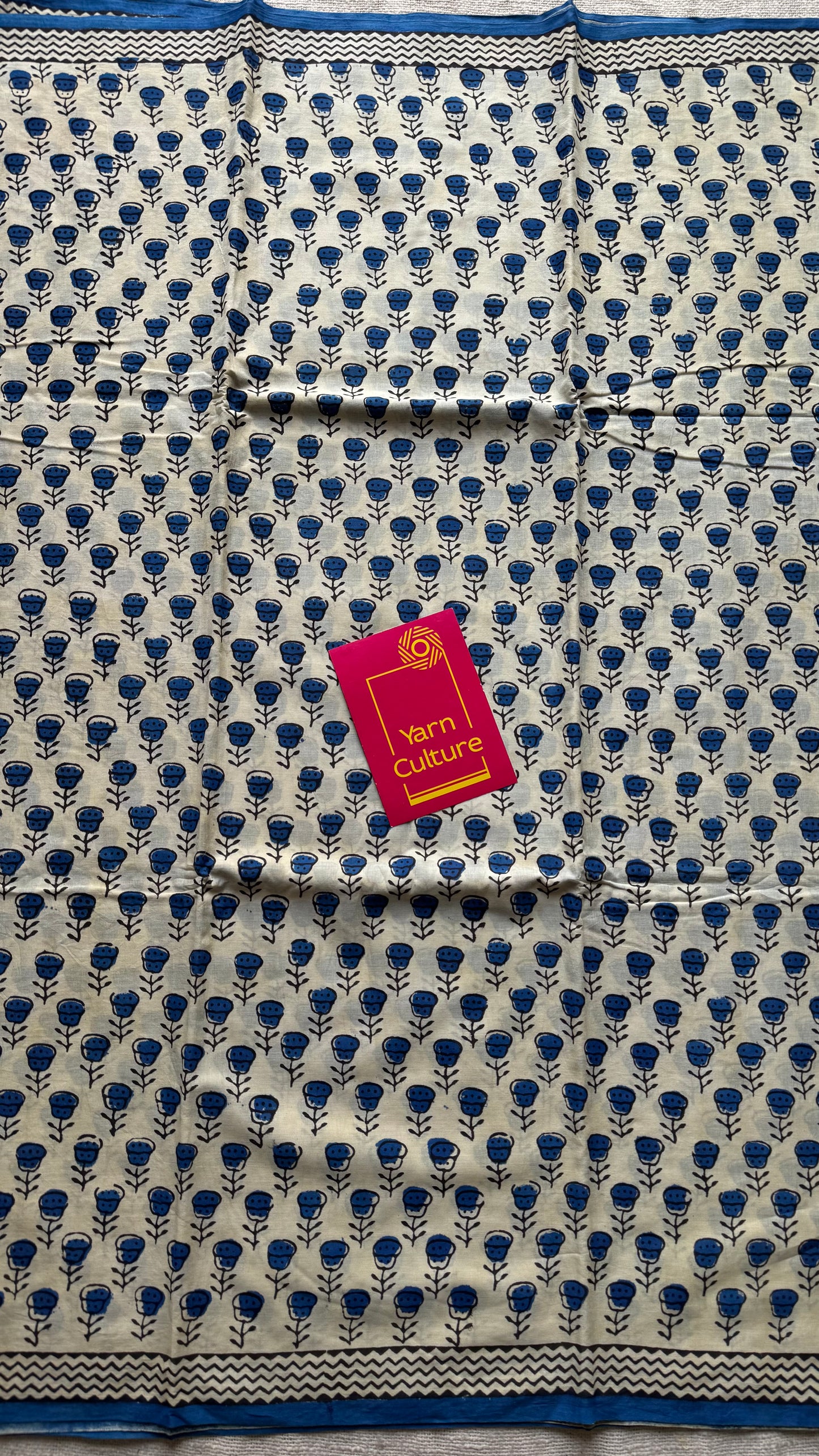 Beige with blue flowers, block printed soft cotton saree -YCTORCMA09