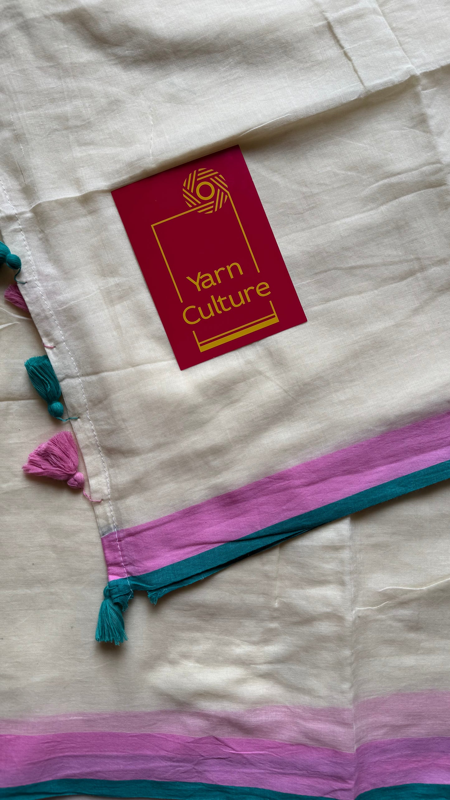 Ivory mul saree, pink and dark cyan border - YCIEON09