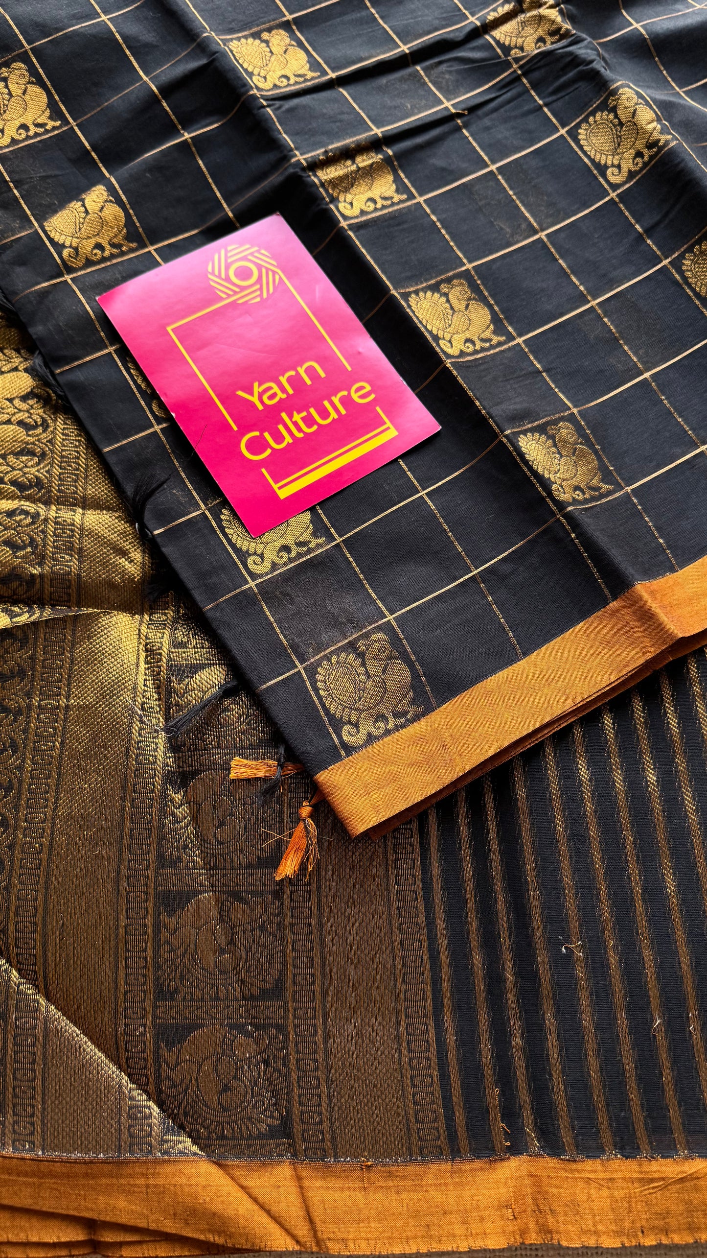 Black dual tone checks with peacock motifs, kanchi cotton saree - YCCOTNKCFE336