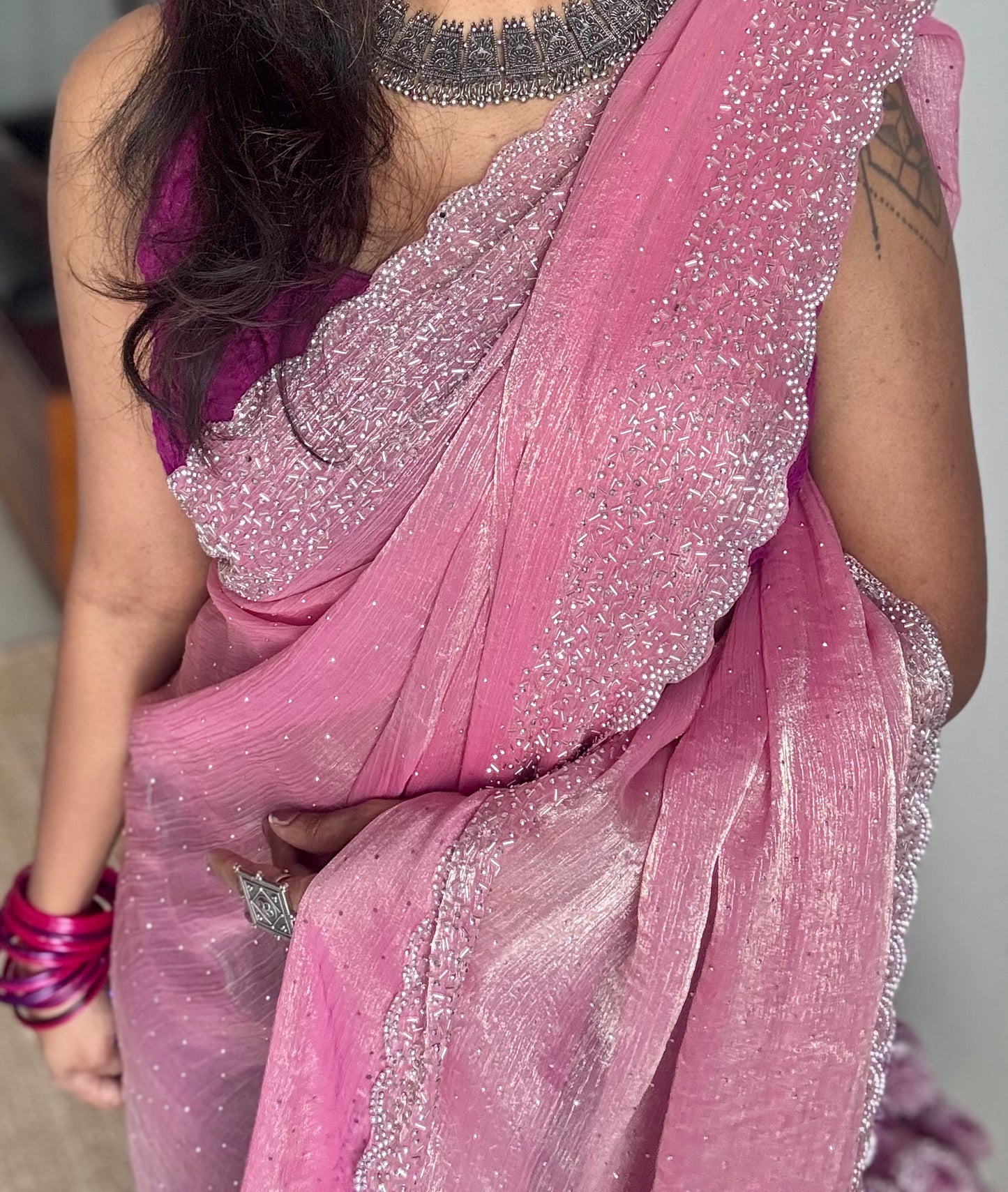 Candy Pop - pink dual tone space silk, jarkhan stone work - YCDOSNO37