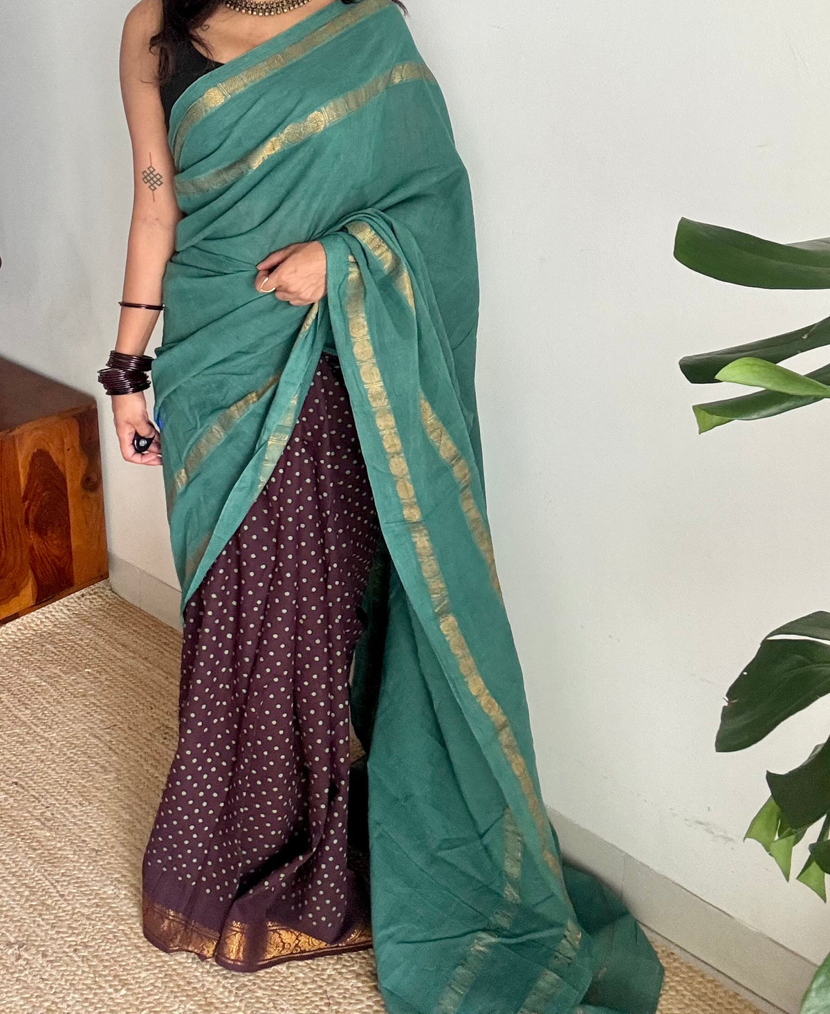 Mint green with brown, sungudi cotton half-half saree - YCCOTNIDOC15