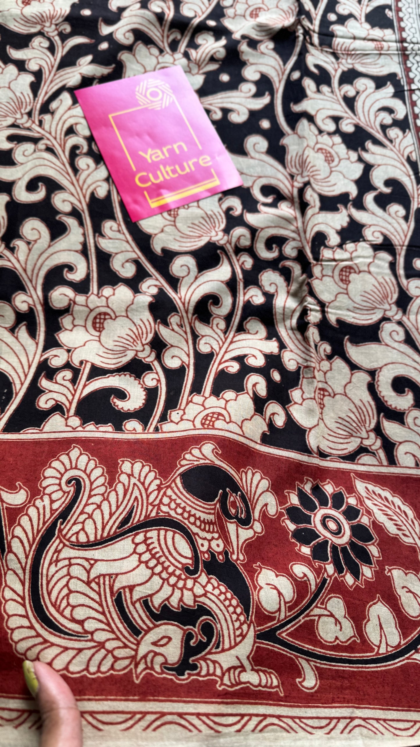 Black with beige and brick red kalamkari, floral vines, soft cotton - YCWOTDOCMP85