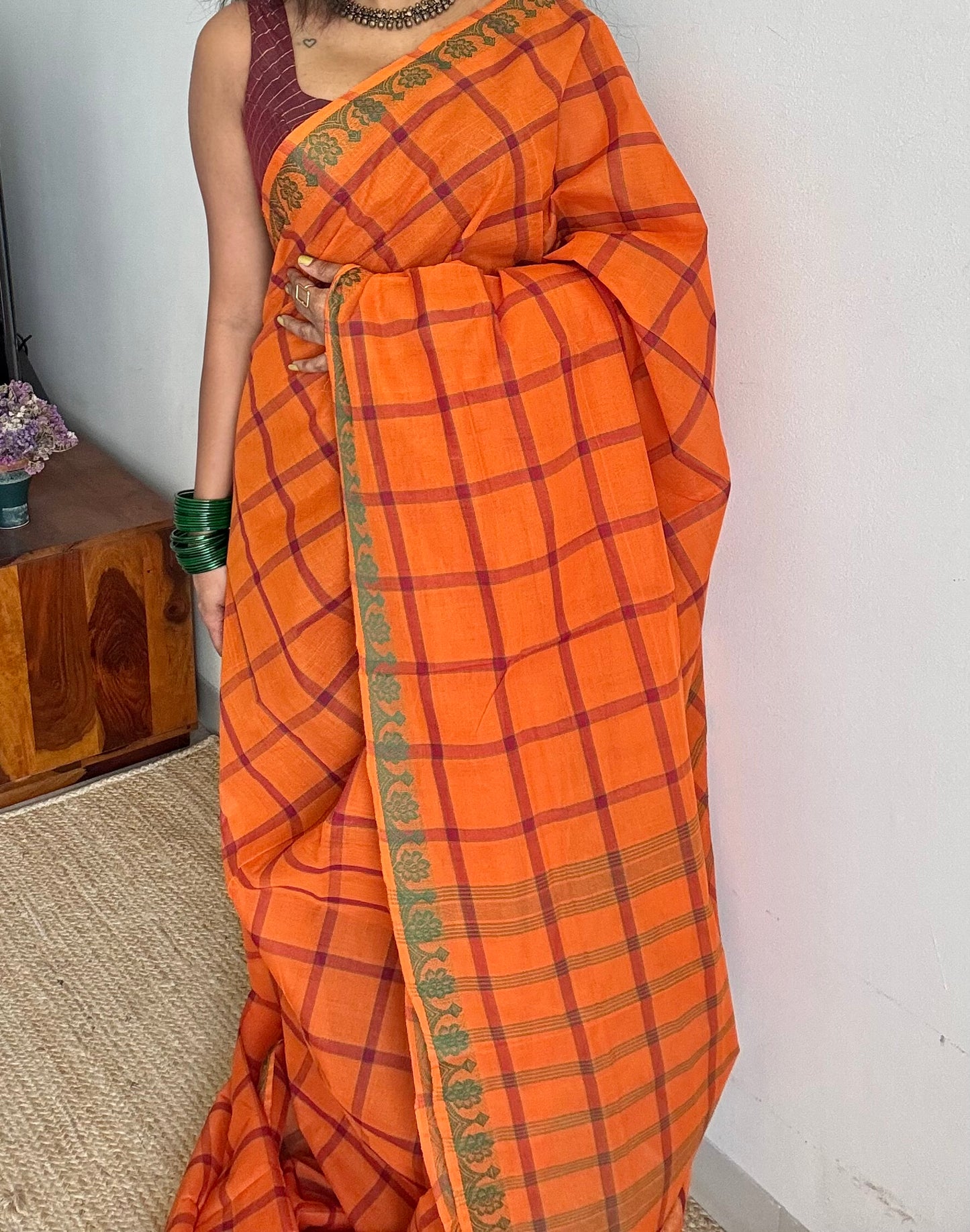 Orange Chettinad cotton saree with checks - YCCOTNCCFE147