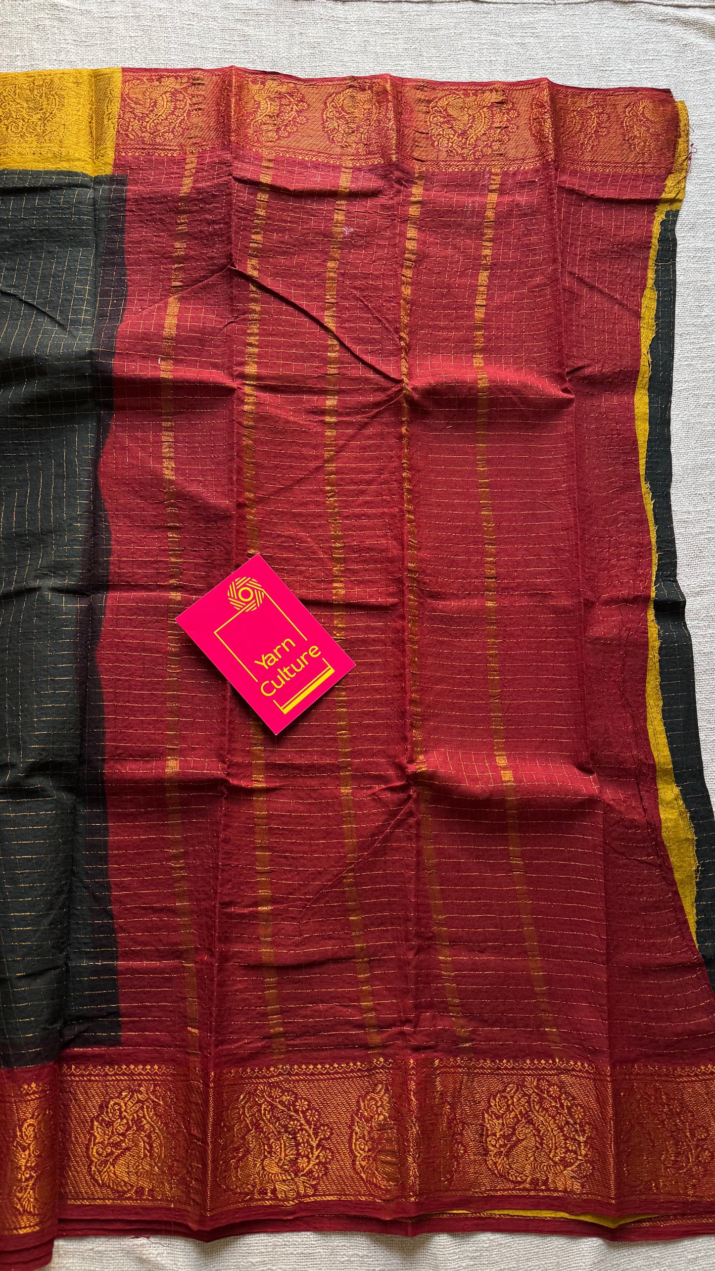 Sungudi cotton checks, black base, red and yellow dual tone border, soft cotton - YCCOTNGJJA180