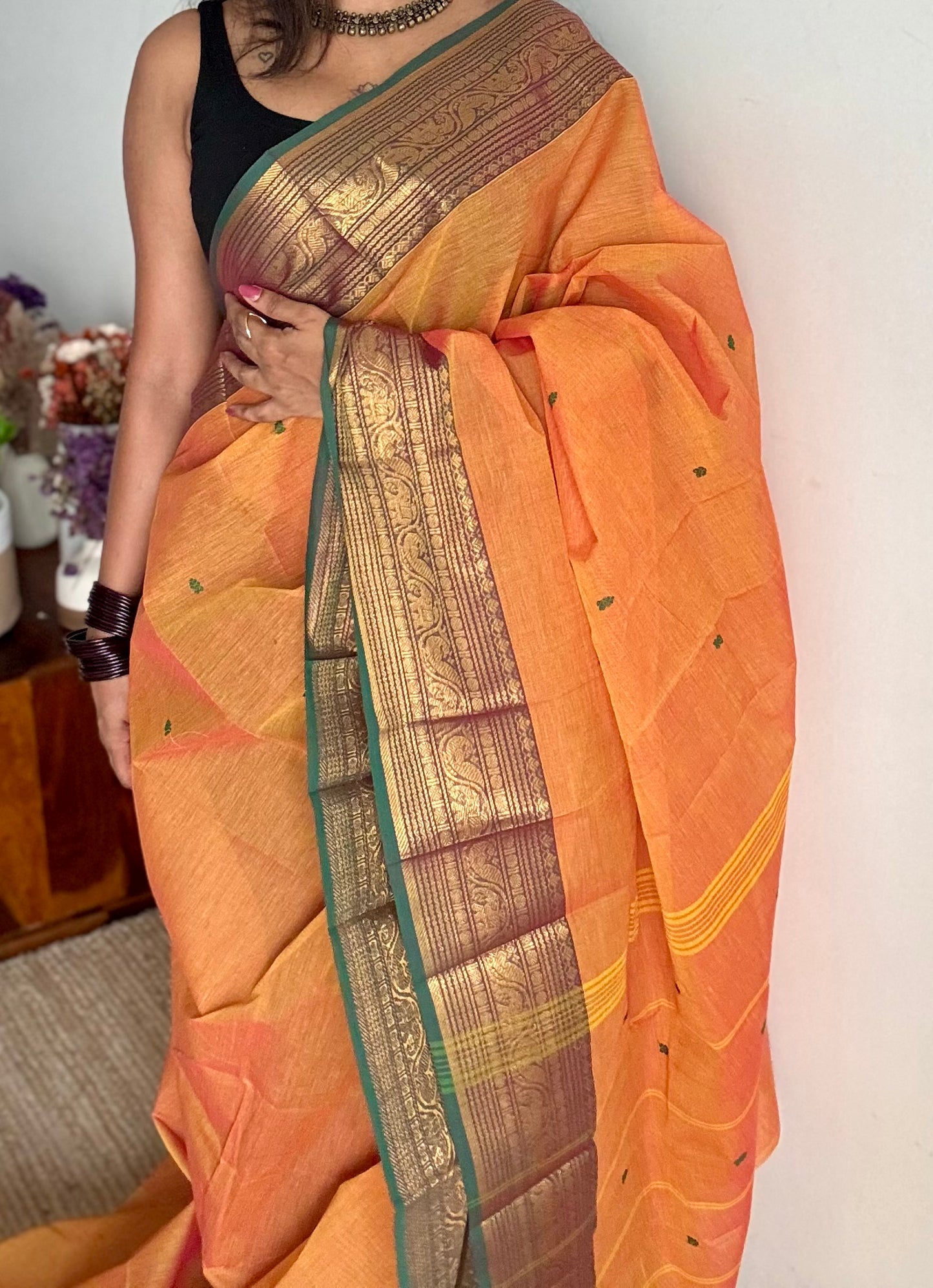 Kanchi cotton saree, light orange with green zari border - YCCOTNAP80